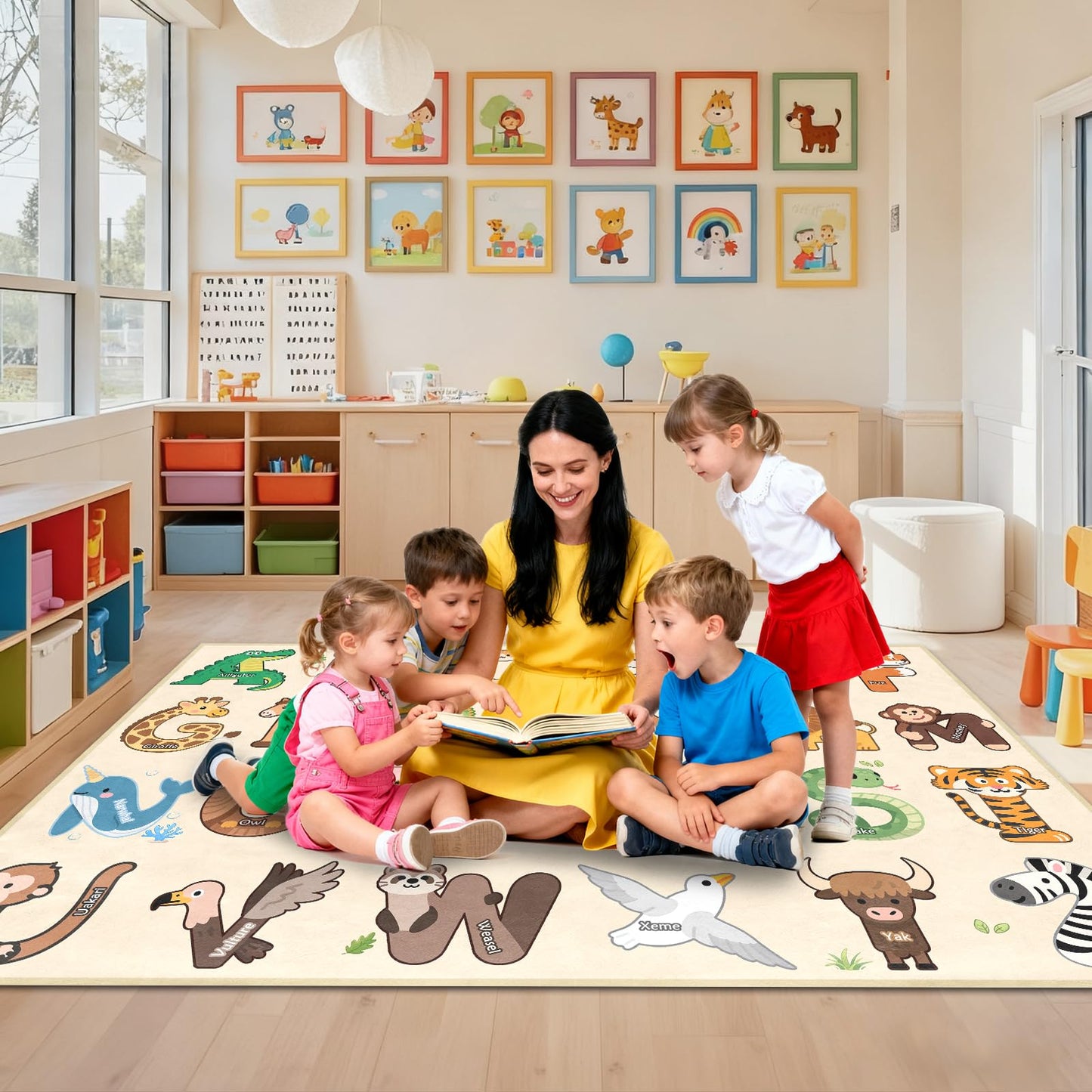 ABC Rugs for Kids Playroom - 4.5x6 Feet Alphabet Rug Kids Play Carpet Preschool Learning Animals, Educational Rug for Children Toddler Bedroom Nursery Kindergarten Decor, Beige