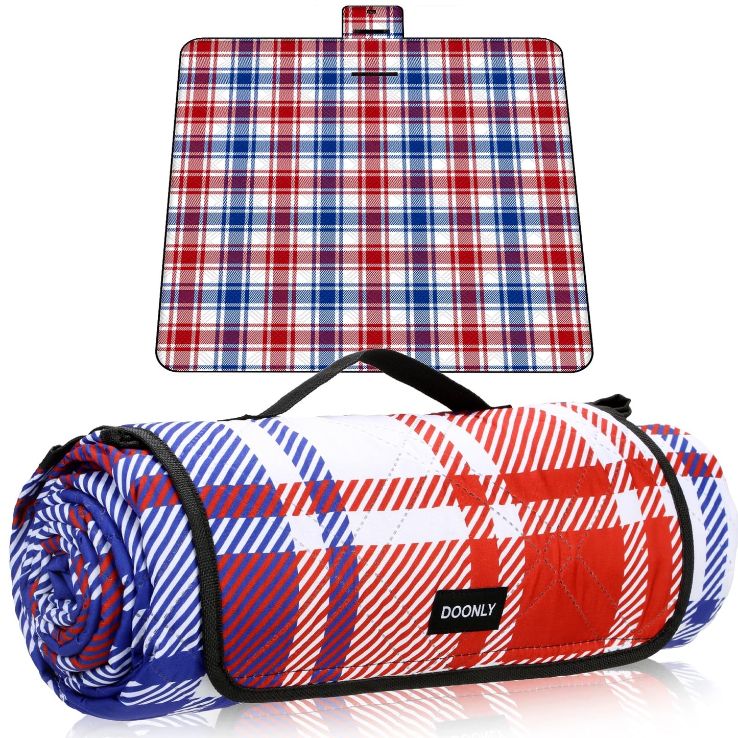 Doonly Picnic Blanket, Large Waterproof Sandproof Beach Blanket, Foldable Outdoor Blanket Picnic Mat for Beach, Camping, Park, Grass, Lawn, Travel, Patriotic Red White and Blue