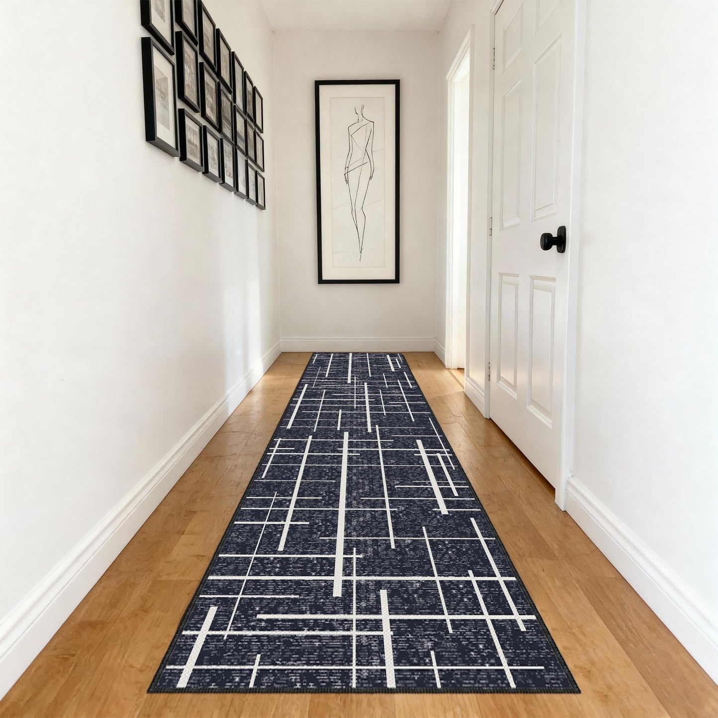 TTelephant Modern Stripe Hallway Runner Rug Non Slip, Washable 2x10 Runner Rug, Woven Thin Low Pile Carpet Runners for Hallway 10ft Entryway, Kitchen, Walkway -Midnight Black