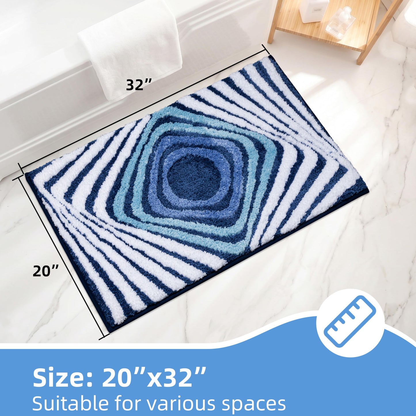 Cevolyn Blue Bathroom Rug, Plush Microfiber Absorbent Funky Non Slip Bath Mat, High Pile Tufted Shower Rug with 3D Striped Pattern, Aesthetic Modern Decor, Machine Washable, 20"x32"