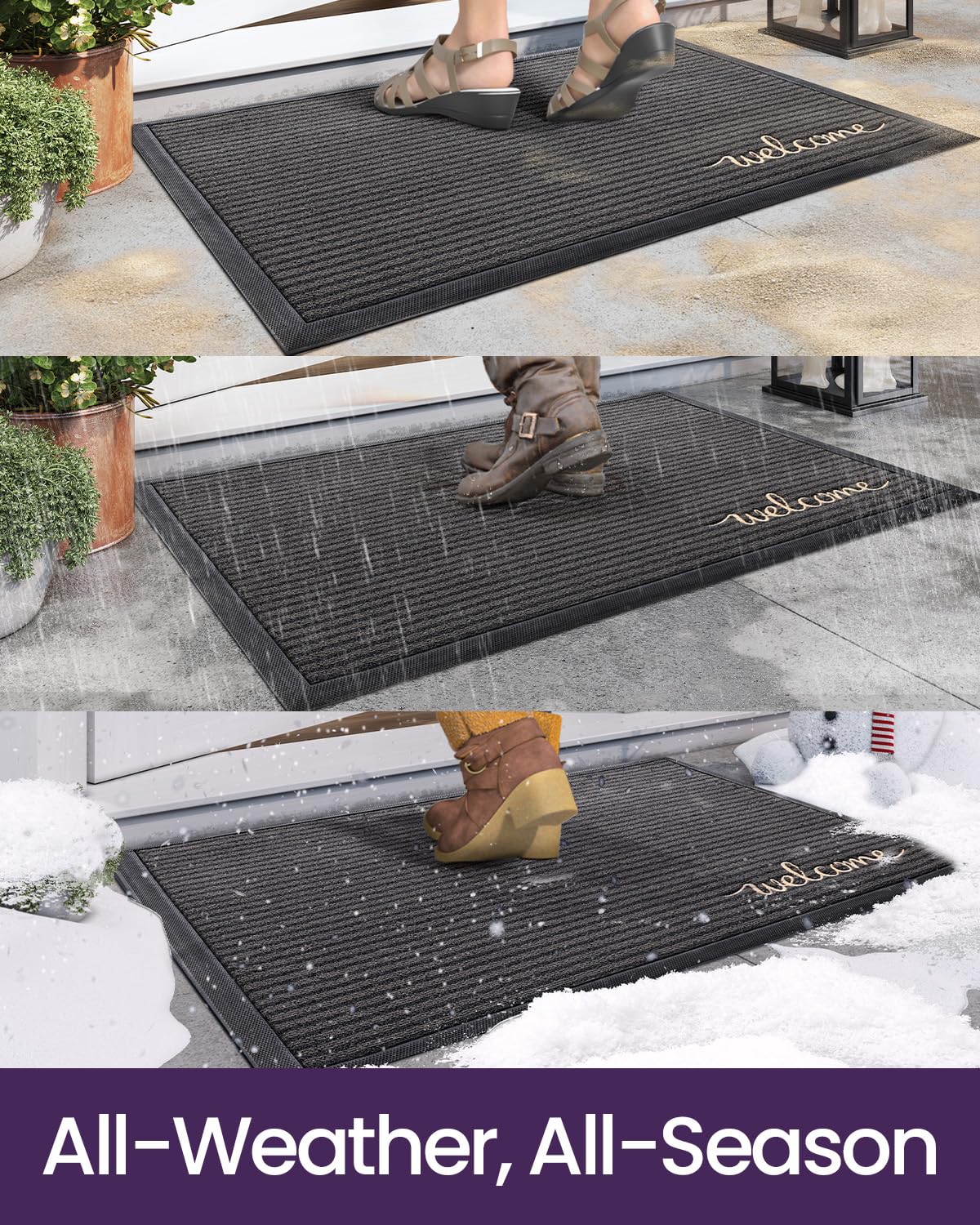 DEXI Front Door Mat Outside Entrance, 2x3 ft Rubber Entry Doormat Heavy Duty, Non Slip Welcome Mats for Inside House Floor Entryway Exterior Patio, Welcome Grey