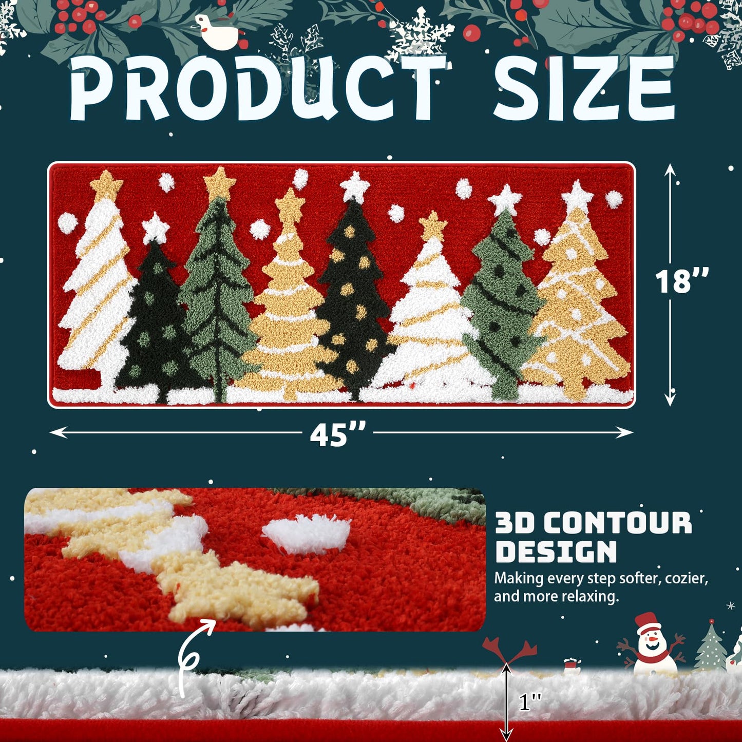 Moutina Christmas Tree Bathroom Runner Rug 18x45 Inch, Winter Soft and Absorbent Tufted Xmas Snowflake Bath Mat Non Slip Washable, Christmas Bathroom Decor Rug Red Holiday Decorations