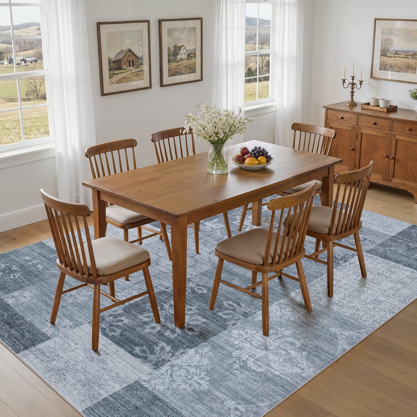 UERMEI 8x10 Area Rug Washable, Blue Modern Geometric Rugs for Living Room, Non-Slip Patchwork Carpet, Stain Resistant Low-Pile Foldable Rug for Bedroom Dining Room