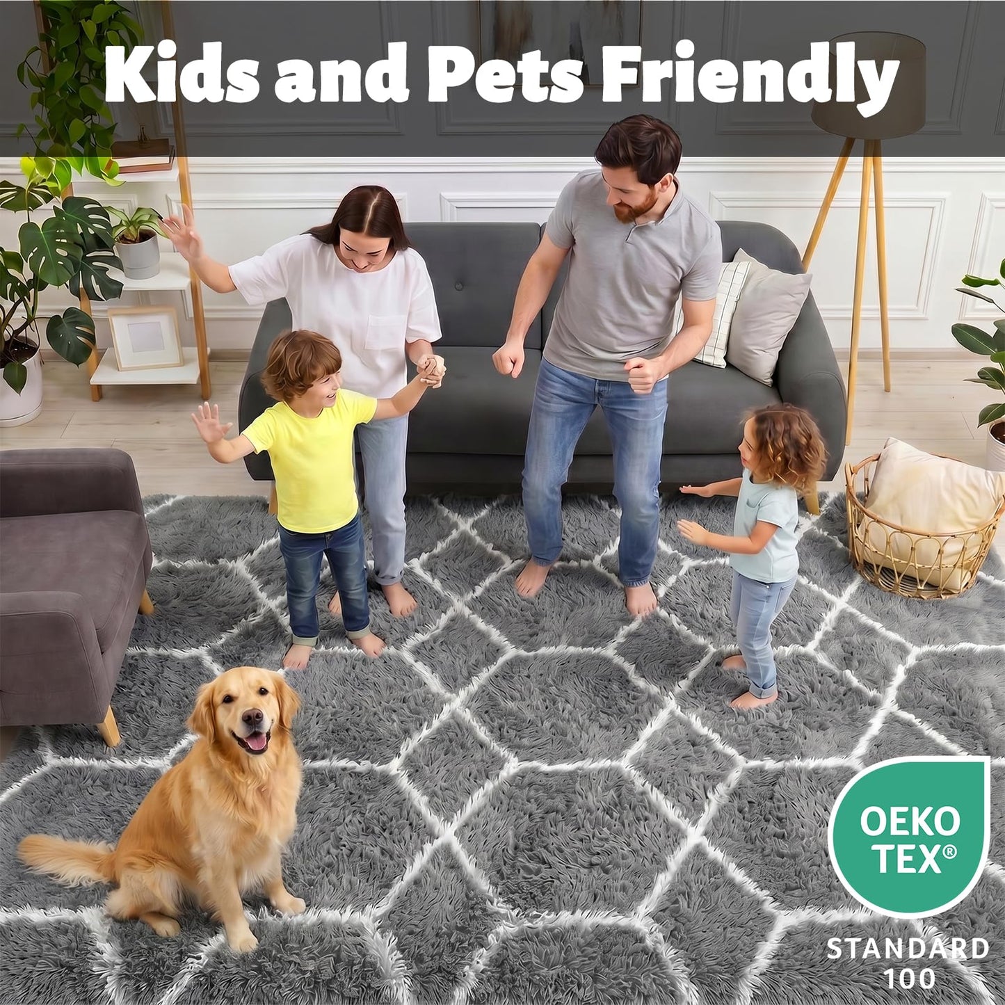 ONASAR 6x9 Area Rugs for Living Room Bedroom, Large Fluffy Grey and White Throw Rug, Geometric Soft Plush Shaggy Floor Carpet for Nursery Kids Girls Boys Teen Dorm Home Decor Aesthetic