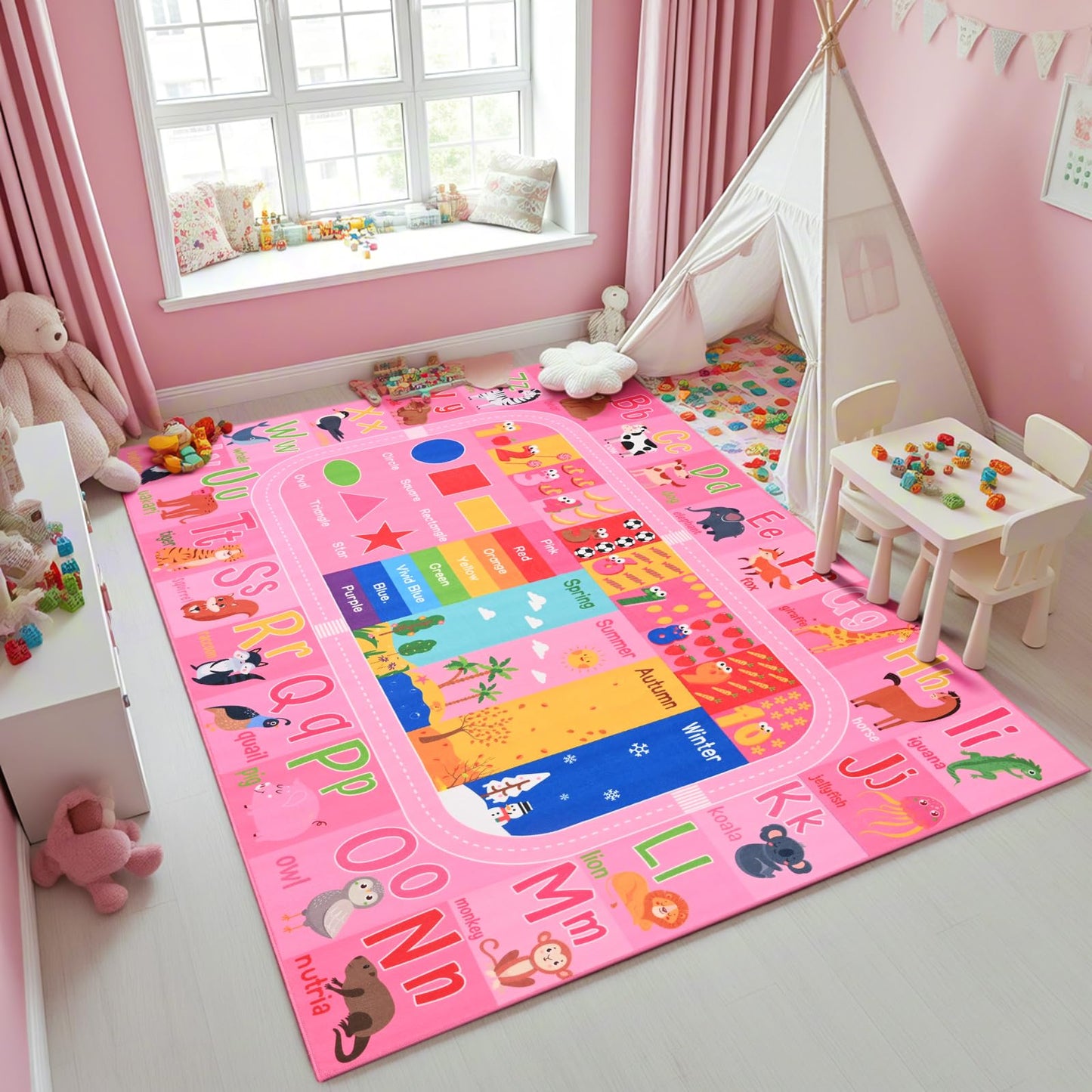 Flagover Pink Kids Rug for Playroom Classroom, ABC Alphabet Numbers Play Toddlers Rugs, 6x9 Learning Educational Bedroom Floor Mat, Washable Baby Carpet for Girls Room, Nursery, Preschool, Daycare