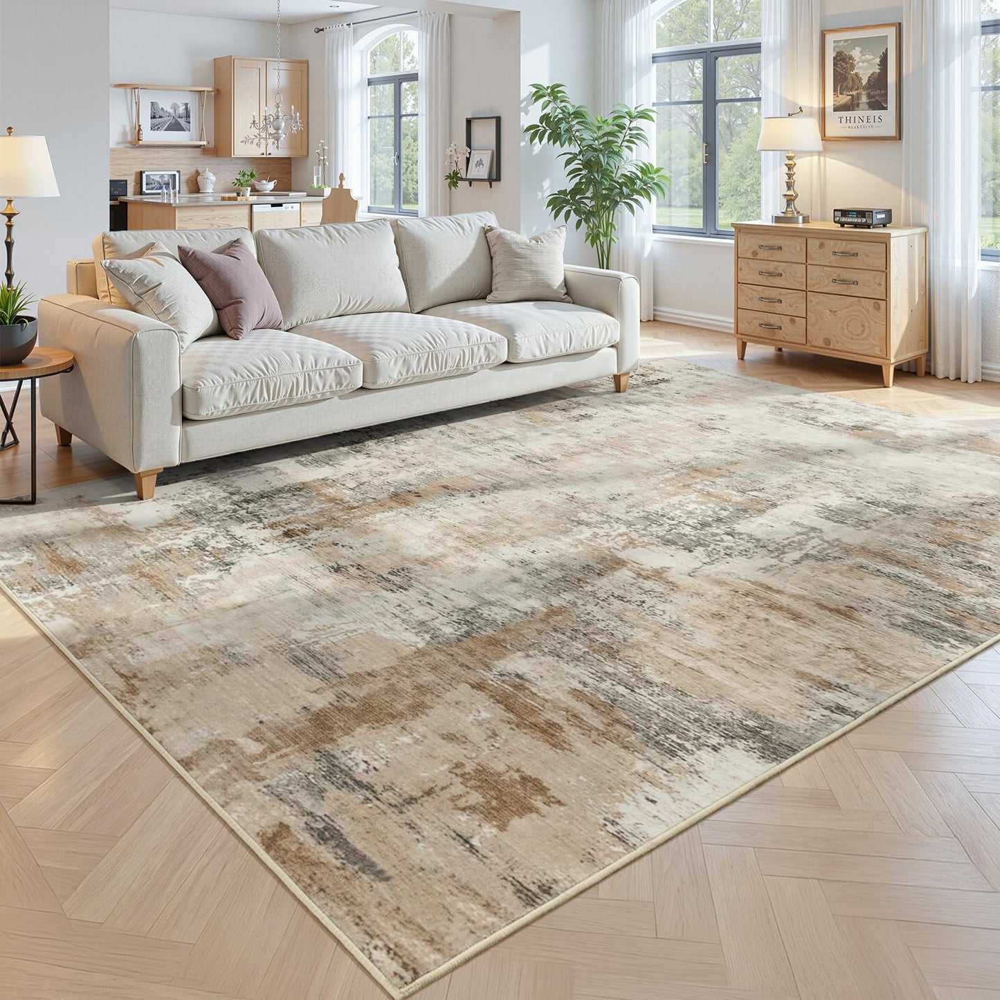 6x9 Area Rugs for Living Room, Washable Rugs for Bedroom, Modern Abstract Rug with Non-Slip Silicone Backing, Low Pile Soft Carpet for Dining Dorms Room Nursery Office Indoor Home Decor (Brown&White)