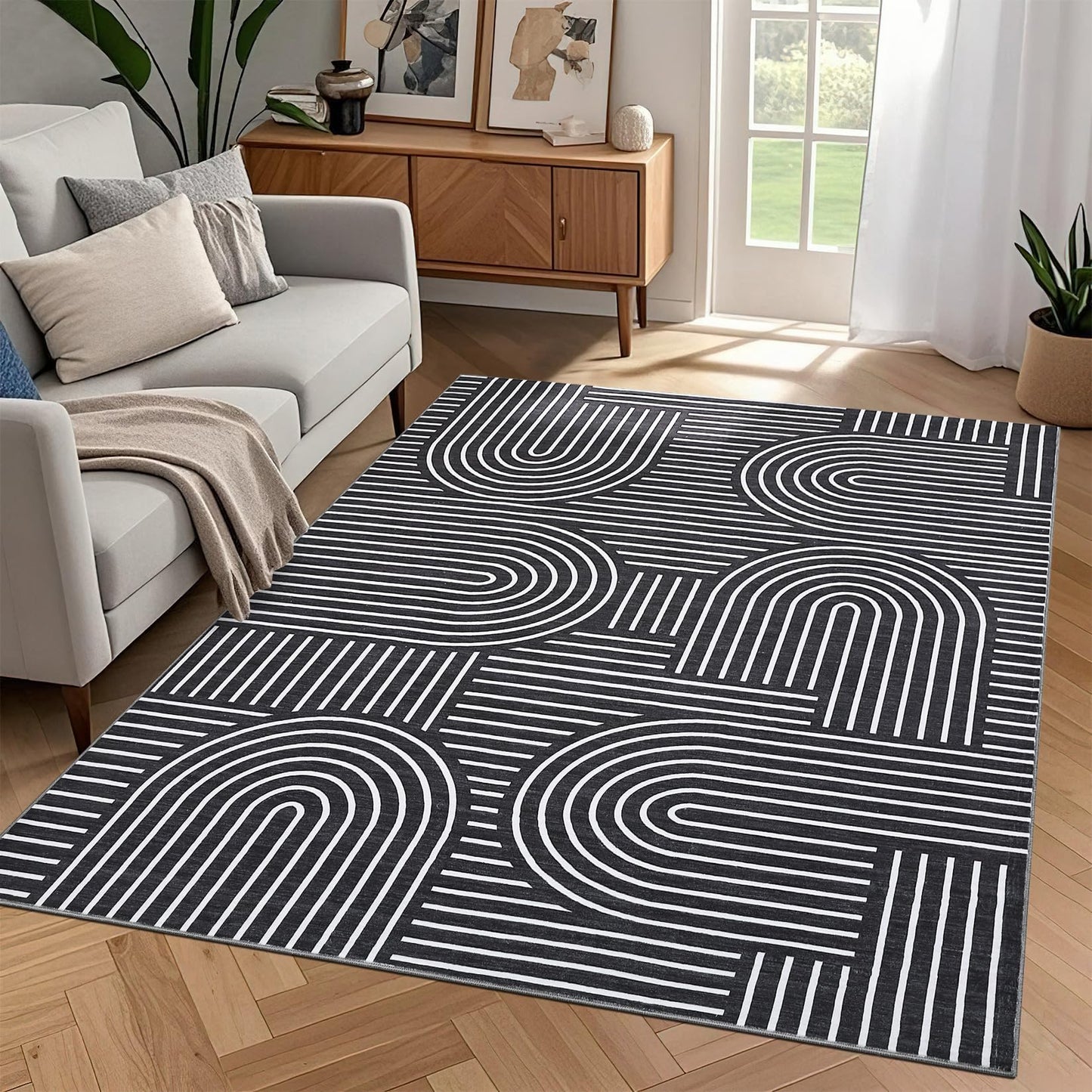 ROYHOME Washable Rug 8x10 Area Rugs for Living Room, Abstract Rug for Bedroom, Soft Rainbow Non Slip Throw Rugs with Rubber Back, Low Pile Stain Resistant Boho Geometric Carpet for Dining Room, Black