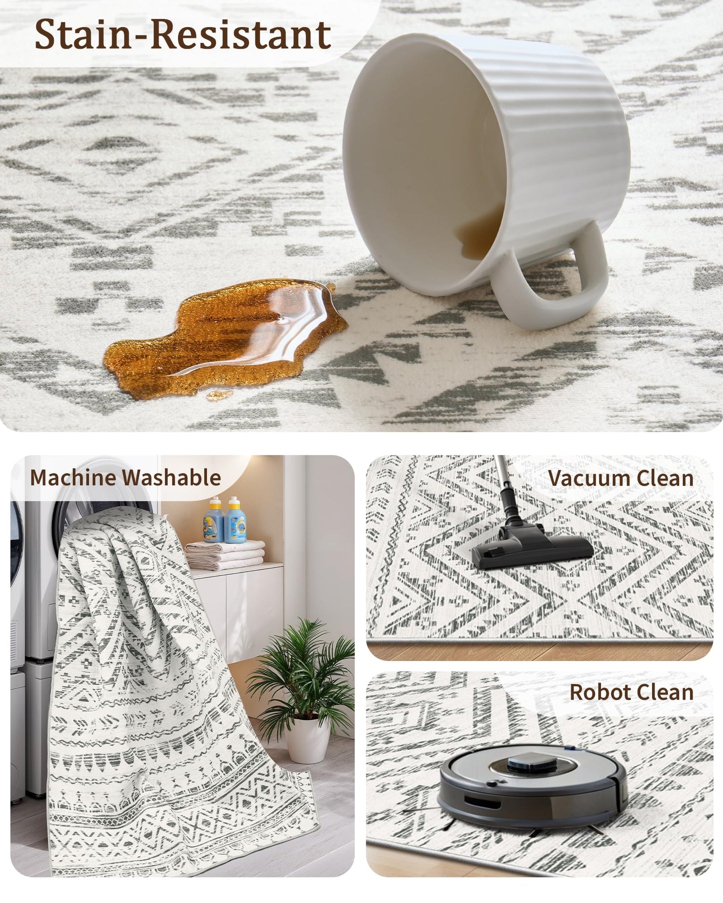 Miukiki 8x10 Area Rug for Living Room Moroccan Washable Rugs Non Slip Indoor Floor Carpet Foldable Large Soft Area Rug for Dining Room Bedroom with Low Pile(Grey,8'x10')
