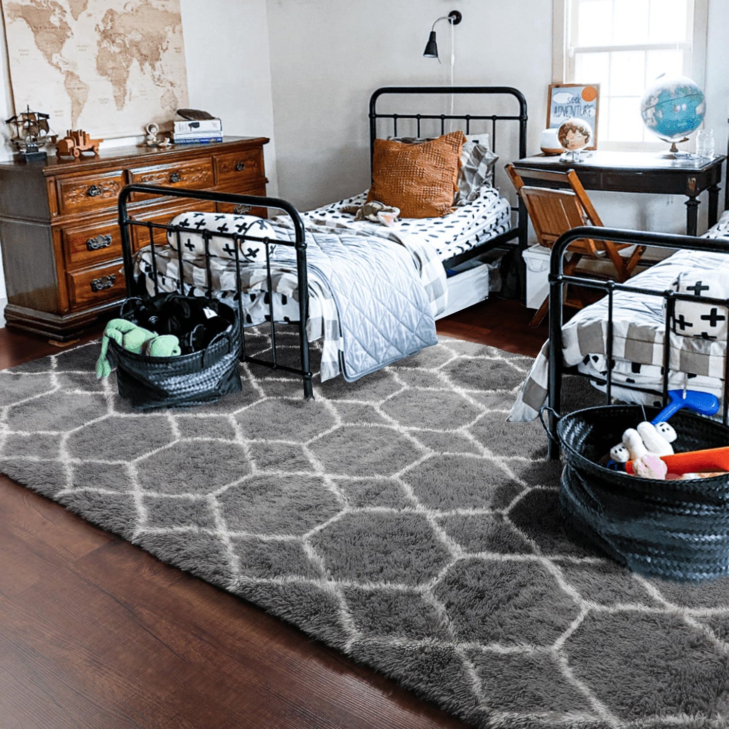 ONASAR 6x9 Area Rugs for Living Room Bedroom, Large Fluffy Grey and White Throw Rug, Geometric Soft Plush Shaggy Floor Carpet for Nursery Kids Girls Boys Teen Dorm Home Decor Aesthetic