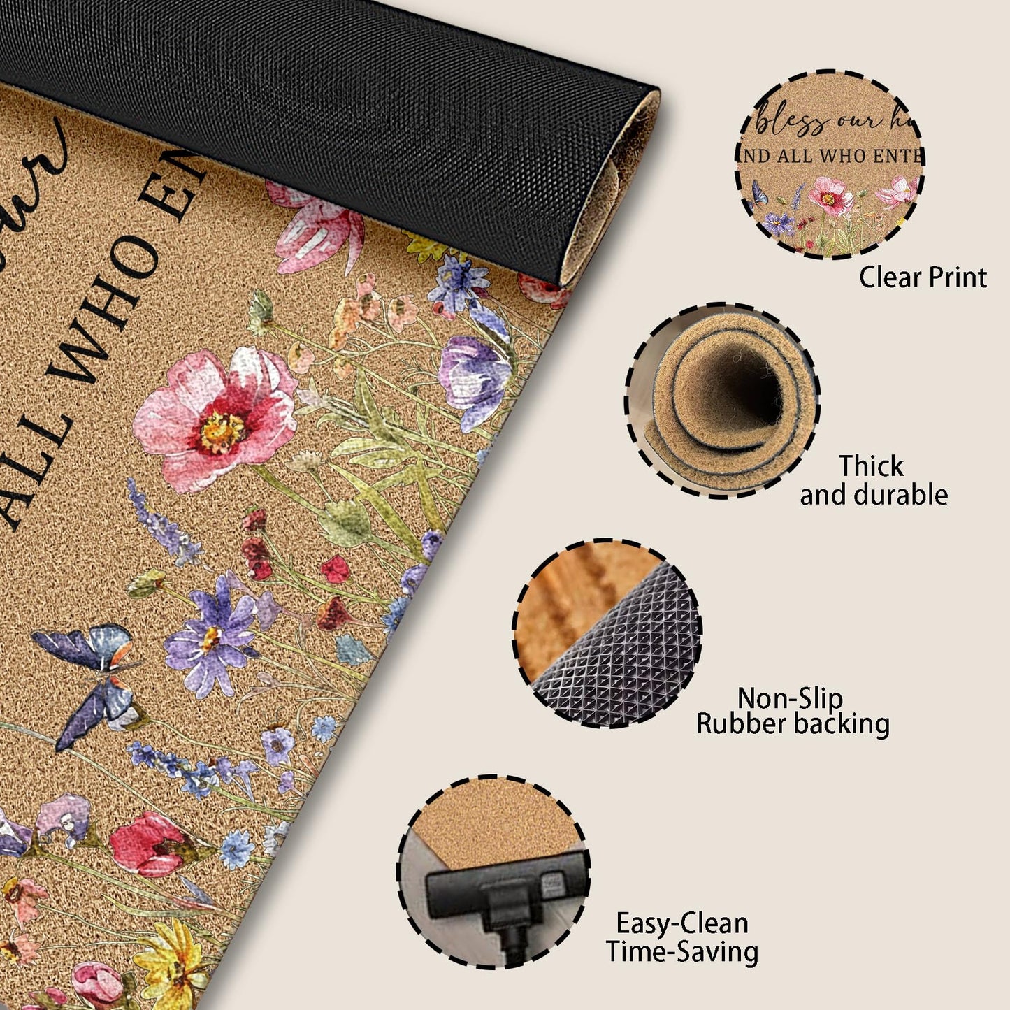BitKAM Christian Floral Coco Coir Doormat Door Welcome Mat for Home Entrance Front Door, God Bless This Home All Who Enter, Bible Verse Wildflower Floor Mats for Outdoor Outside Entryway 30x17 Inch