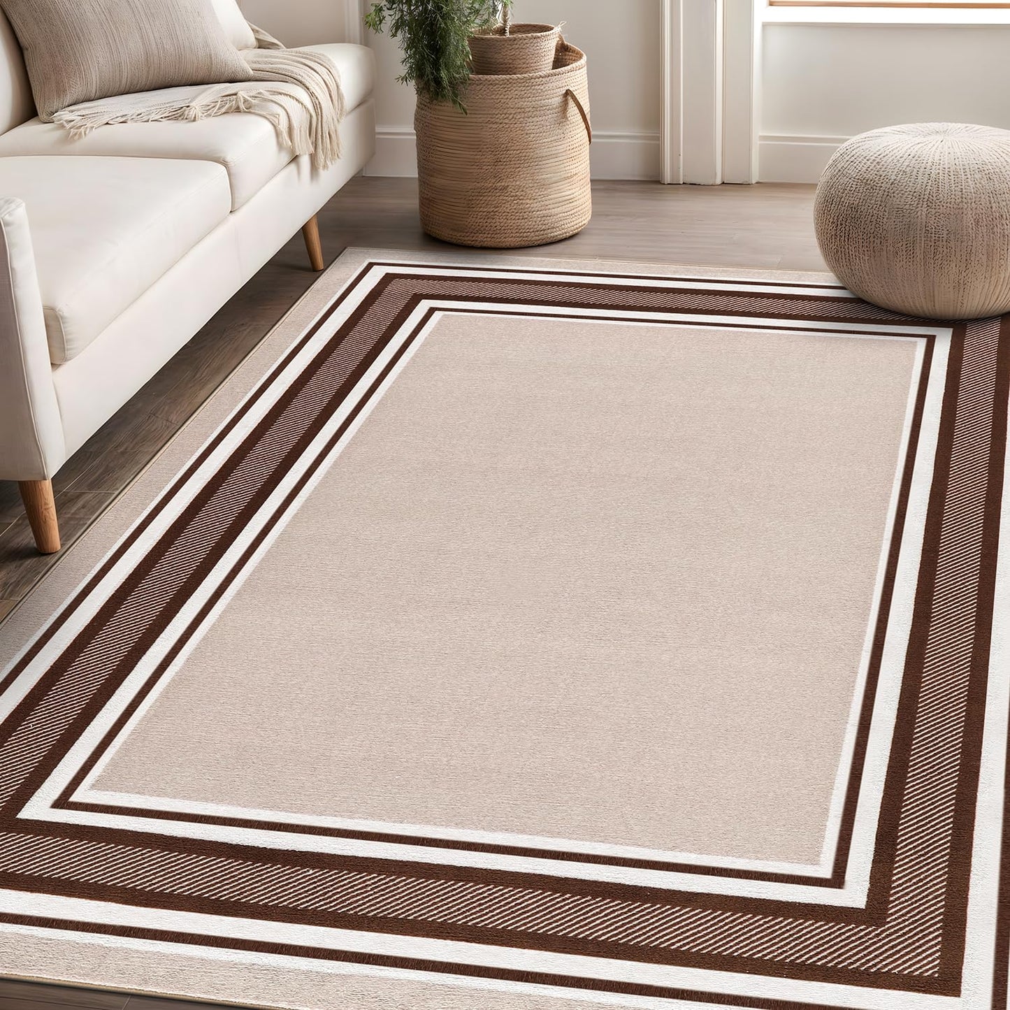 Beverly Rug Non Slip Area Rugs 5x7 Modern Bordered Non Skid Rubber Backing Soft Area Rug for Living Dining Room Easy to Clean Non Shedding Kitchen Bedroom Indoor Carpet 5 x 7 Beige-Brown