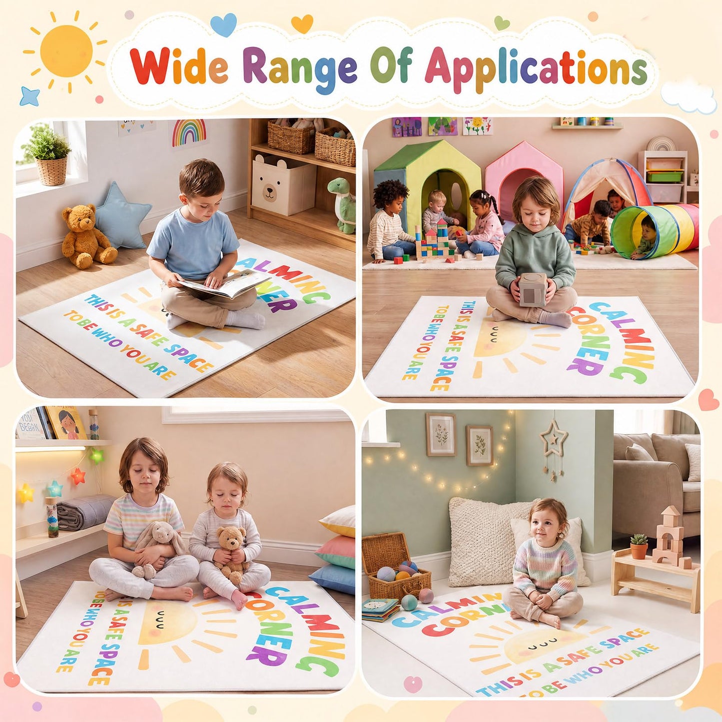 Maasechs 3 x 4 ft Calming Corner Classroom Rug, Sunshine Boho Area Carpet Corner Items Rug Educational Soft Floor Mat for Nursery Homeschool Playroom Elementary Back to School(Rainbow)