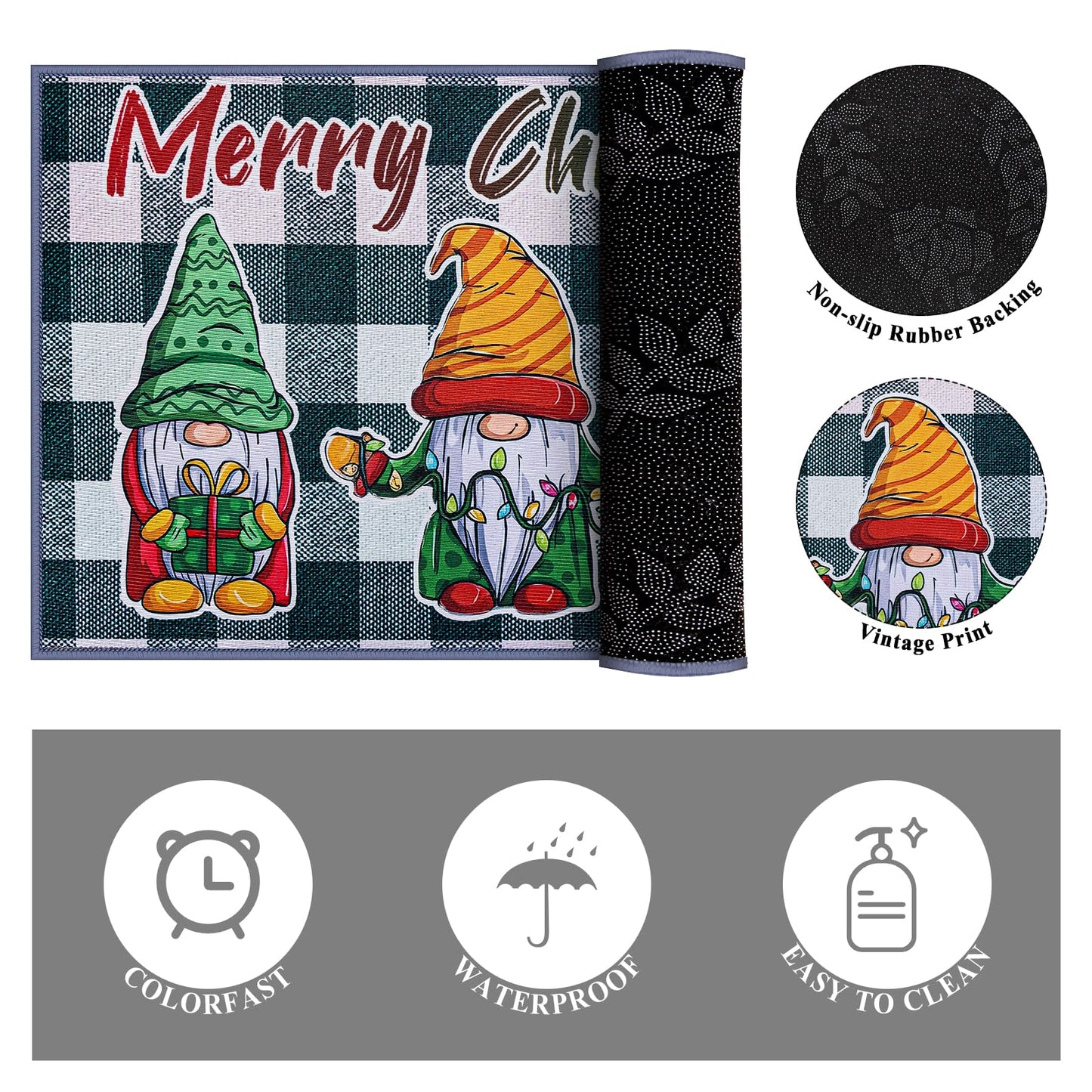 JSVSLTD Christmas Kitchen Rugs, Set of 2 Kitchen Floor Mat Christmas Decorations for Home, Non-Slip Anti Fatigue Kitchen Mats (17"x47"+17"x29", Gnome)