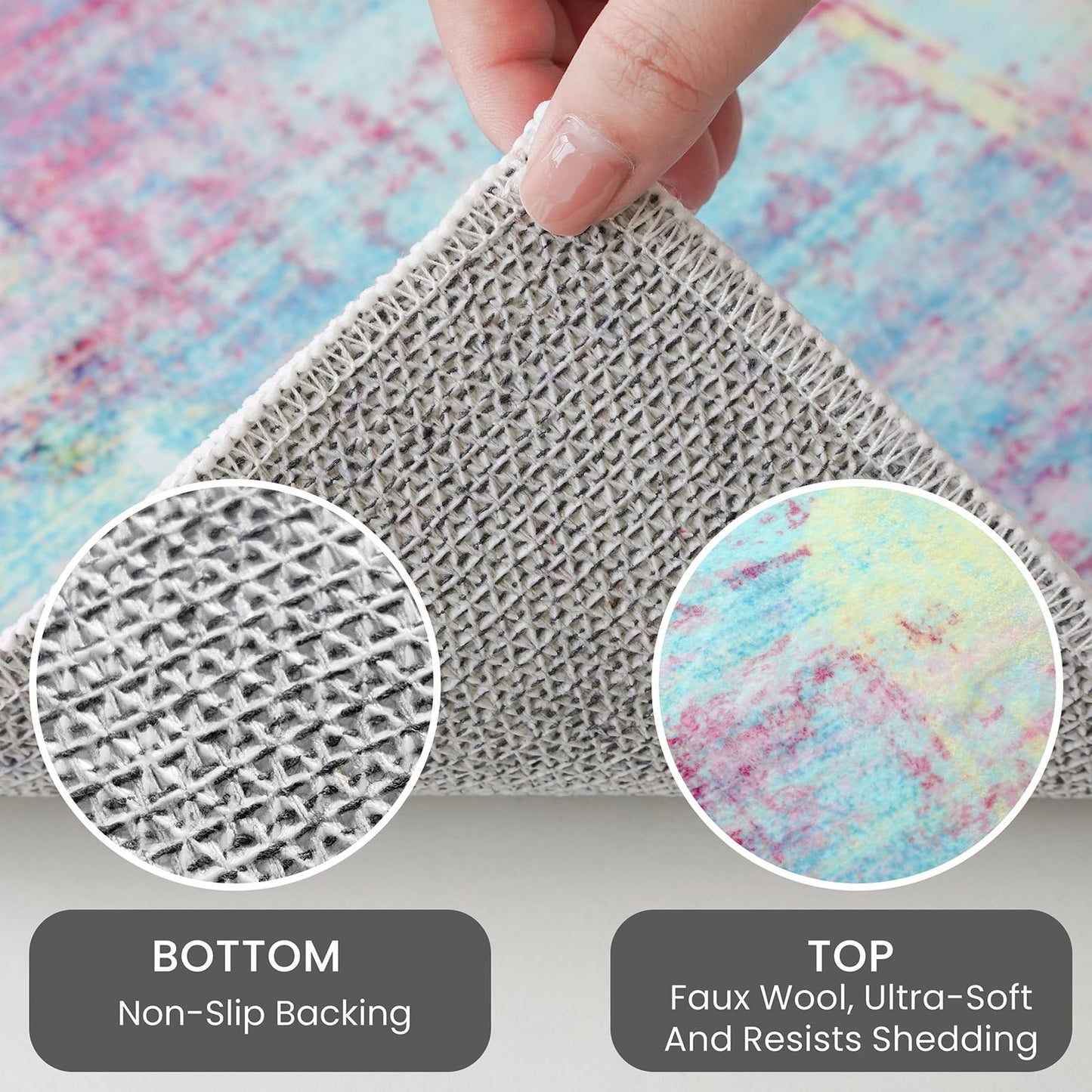 IOHOUZE Abstract Area Rugs 5x7 Ft Washable Rugs for Living Room, Non Slip Dining Room Rug, Printed Faux Wool Rugs for Bedroom, Floor Carpet for Office Nursery Playroom, Pink Teal