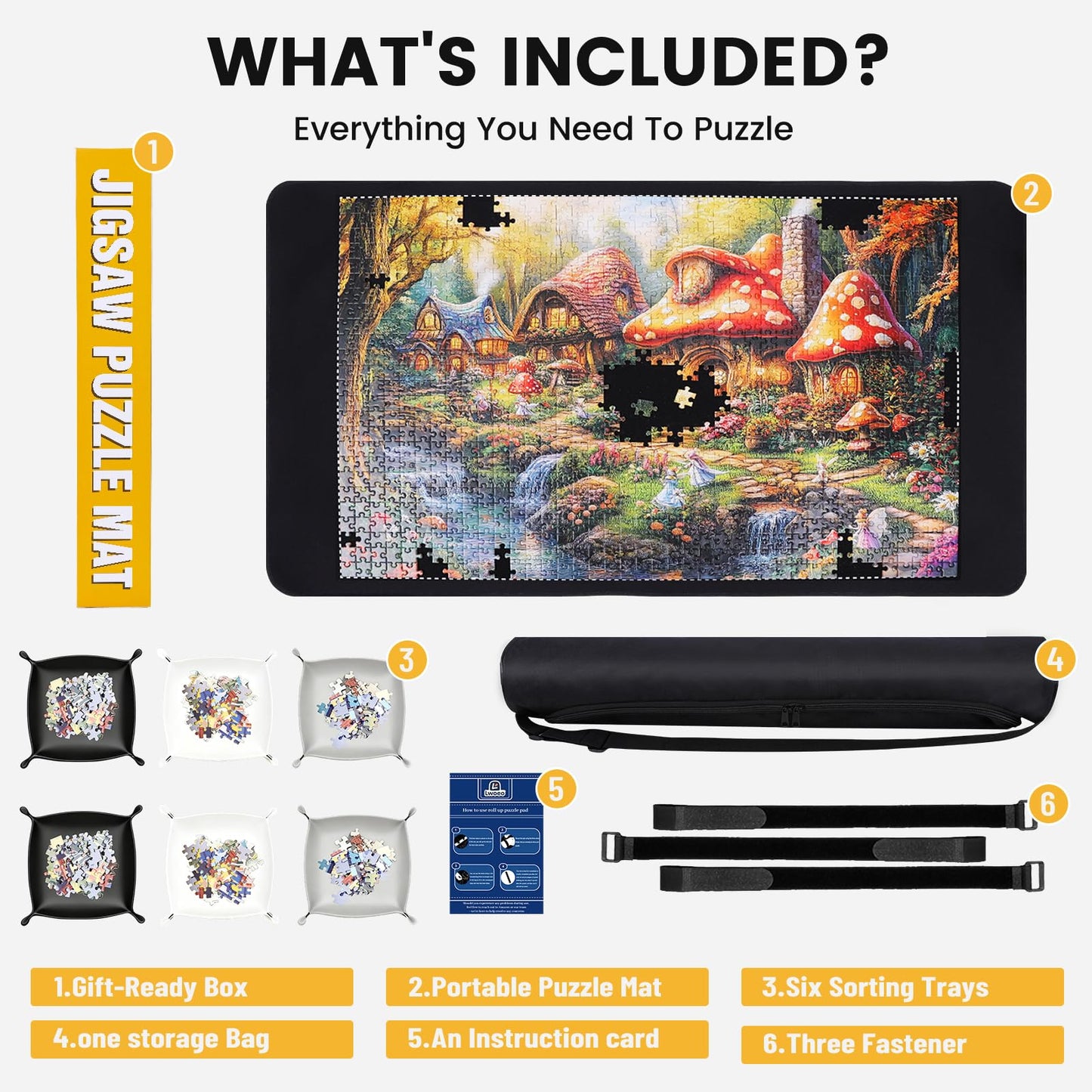 Lwoeo Jigsaw Puzzle Mat Roll Up 1000 Pieces, Smooth Top Saver Pad 34.6" x 22.8" with 6 Sorting Trays & Travel Storage Bag for Sorting Table, Board, Portable Puzzles Matt Rollup Non-Slip Rubber Bottom