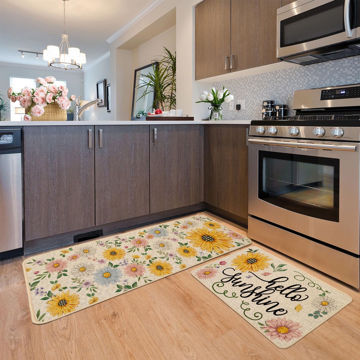 Baccessor Spring Summer Kitchen Rugs Set of 2, Sunflower Daisy Butterfly Floral Kitchen Mats for Floor Low-Profile Summer Holiday Home Decor 17x29 and 17x47 Inch