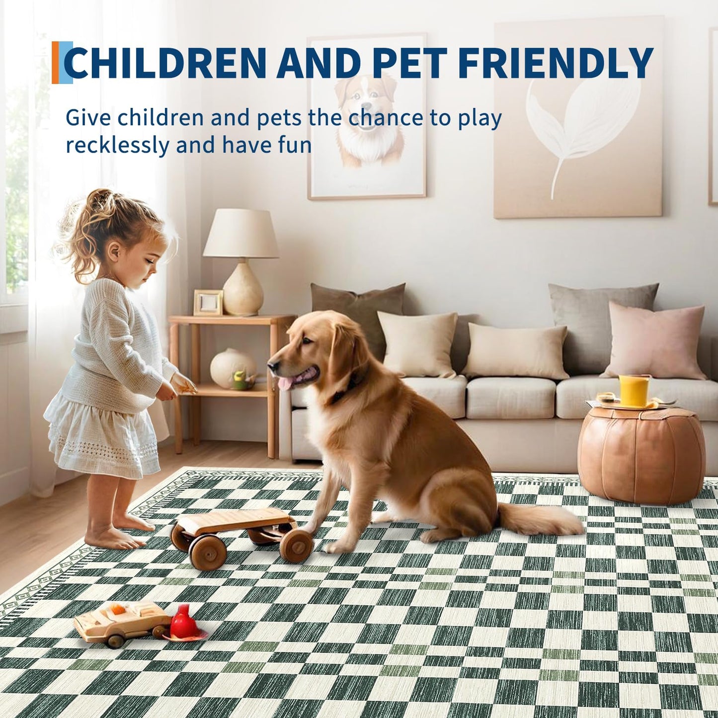 GarveeHome 5x7 Washable Rug for Living Room Contemporary Sage Green Geometric Floor Carpets Low Pile Non-Slip Nursery Room Carpet High Traffic Modern Abstract Checkered Area Rug for Bedroom