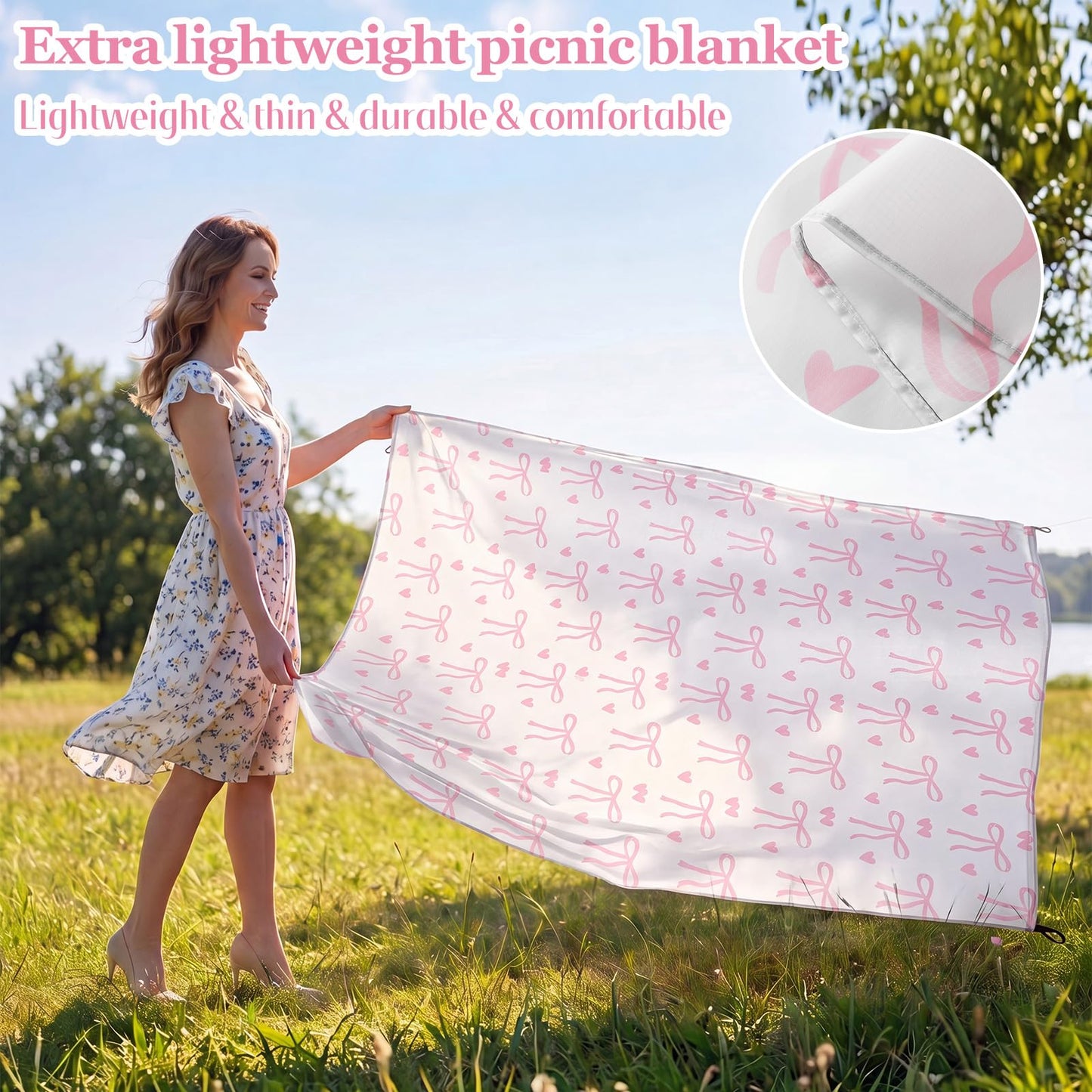 HunnmingRe Lightweight Pink Bow Pocket Picnic Blanket with Storage Bag 55 x 60inch Waterproof Cute Packable Sandproof Beach Mat Compact Washable Picnic Mat for Outdoor Hiking Camping Travel