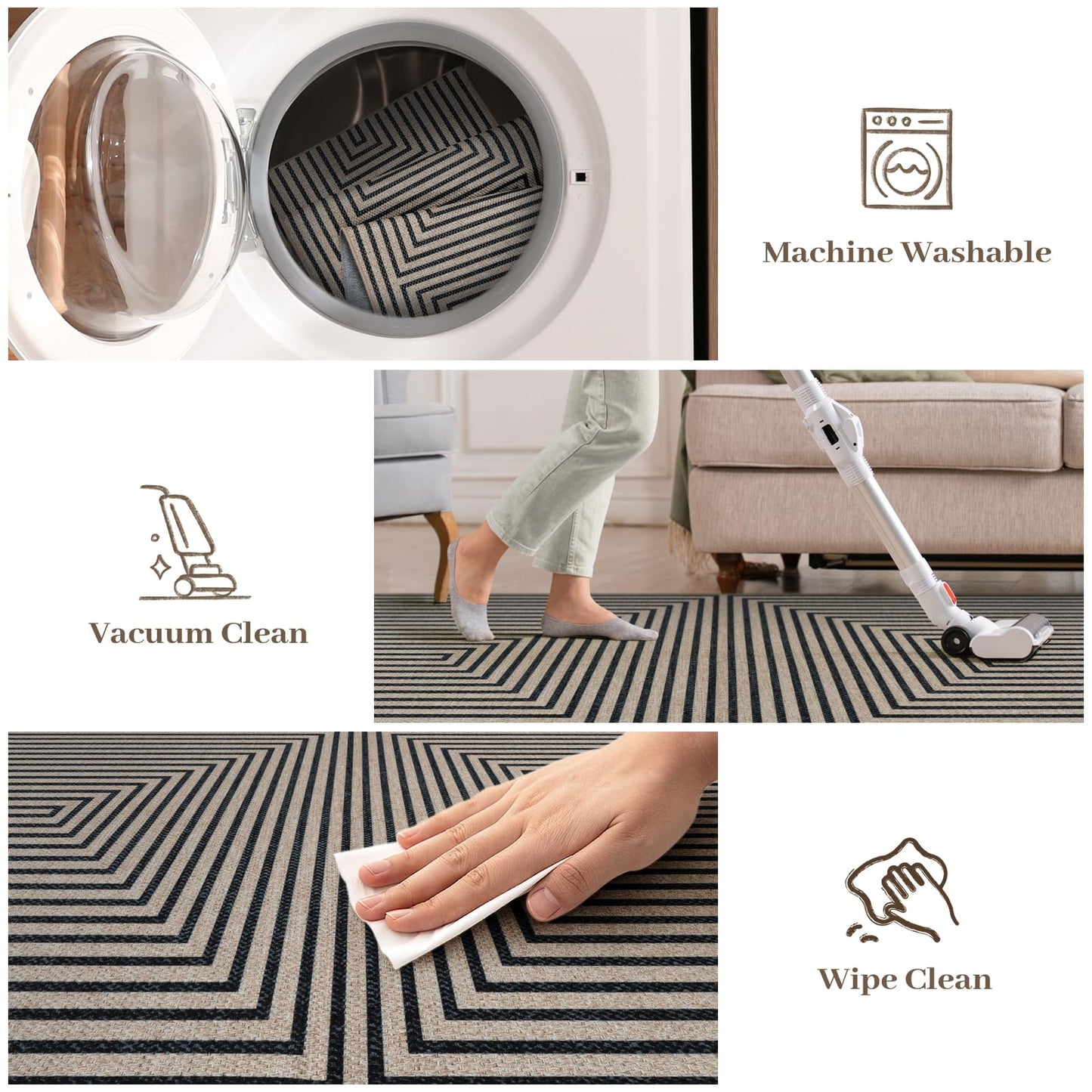 Collive 3x5 Easy Jute Outdoor Entryway Rug, Washable Modern Geometric Indoor Carpet Black Neutral Small Area Rugs, Non Slip Woven Kitchen Mats for Entrance Bedroom Kids Room Patio Decor