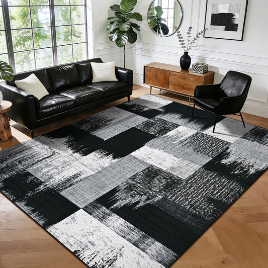 Yinhua Modern Geometric 4x6 Rug, Patchwork Grey Rugs for Living Room Washable Abstract Area Rug Non Slip, Soft Bedroom Rugs Stain Resistant, Mid Century Low Pile Carpet for Dining Room, Office