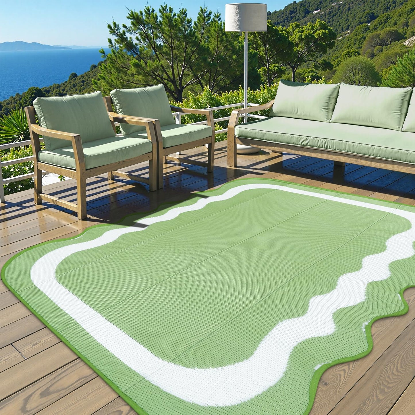 Uphome Outdoor Rug Waterproof 6x9, Reversible Green Scalloped Patio Plastic Straw Rugs, Foldable Modern RV Camping Outside Carpet Mat for Pool Back Yard Deck Picnic, 6 x 9 ft