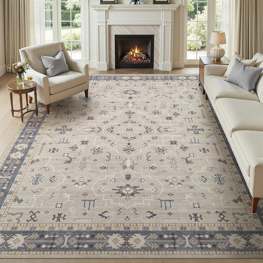 WITSHOCK 8x10 Area Rugs for Living Room, Washable Non Slip Rugs for Bedroom Dining Room Office, Soft Low Pile Stain Resistant Oriental Distressed Vintage Carpet for Farmhouse Home Decor - Beige&Gray