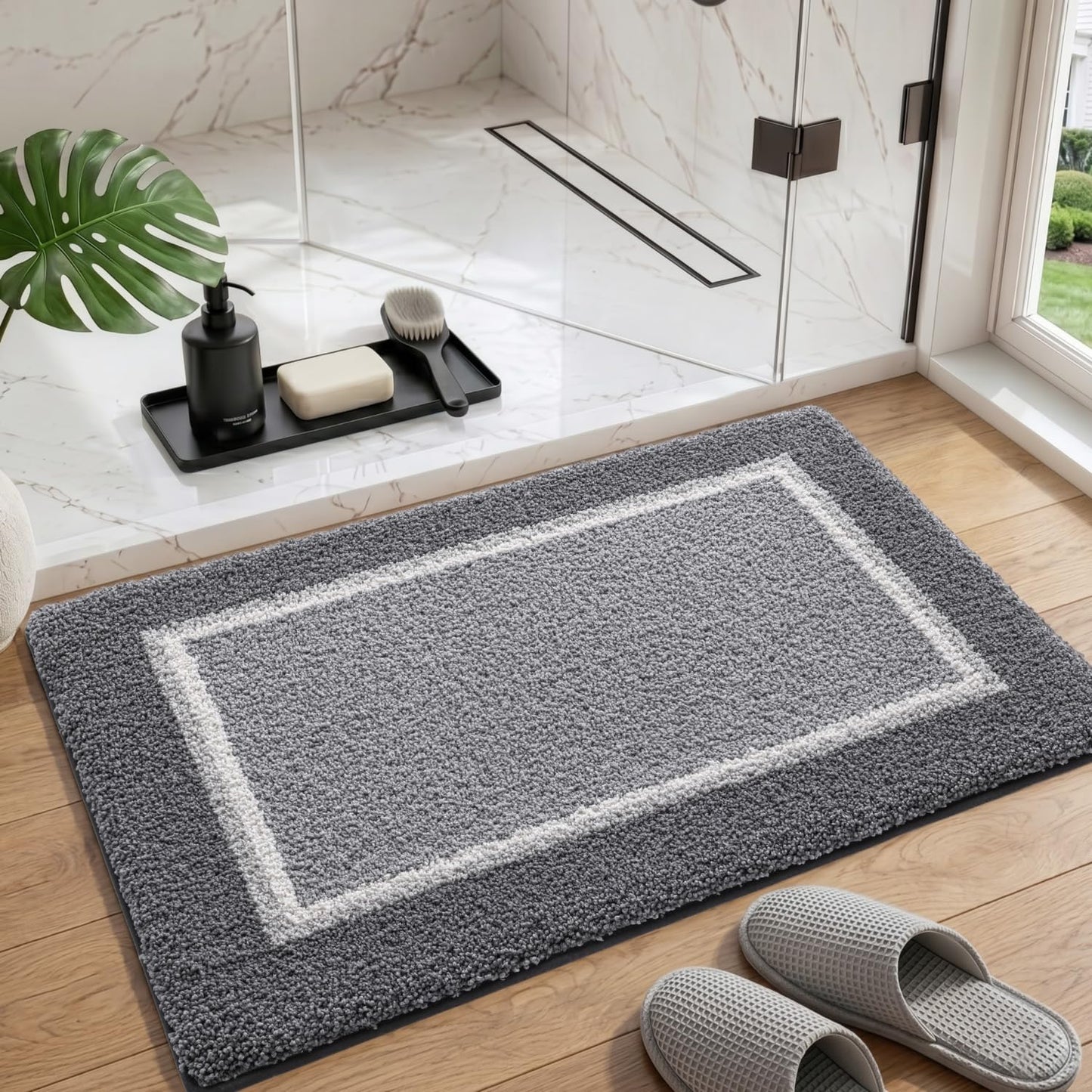 DEXI Bathroom Rugs 24x16, Absorbent Extra Soft Plush Microfiber Bath Mat for Bathroom, Non Slip Washable Bathmat Quick Dry for Shower Floor, Sink, Tub, Laundry Room, Light Grey