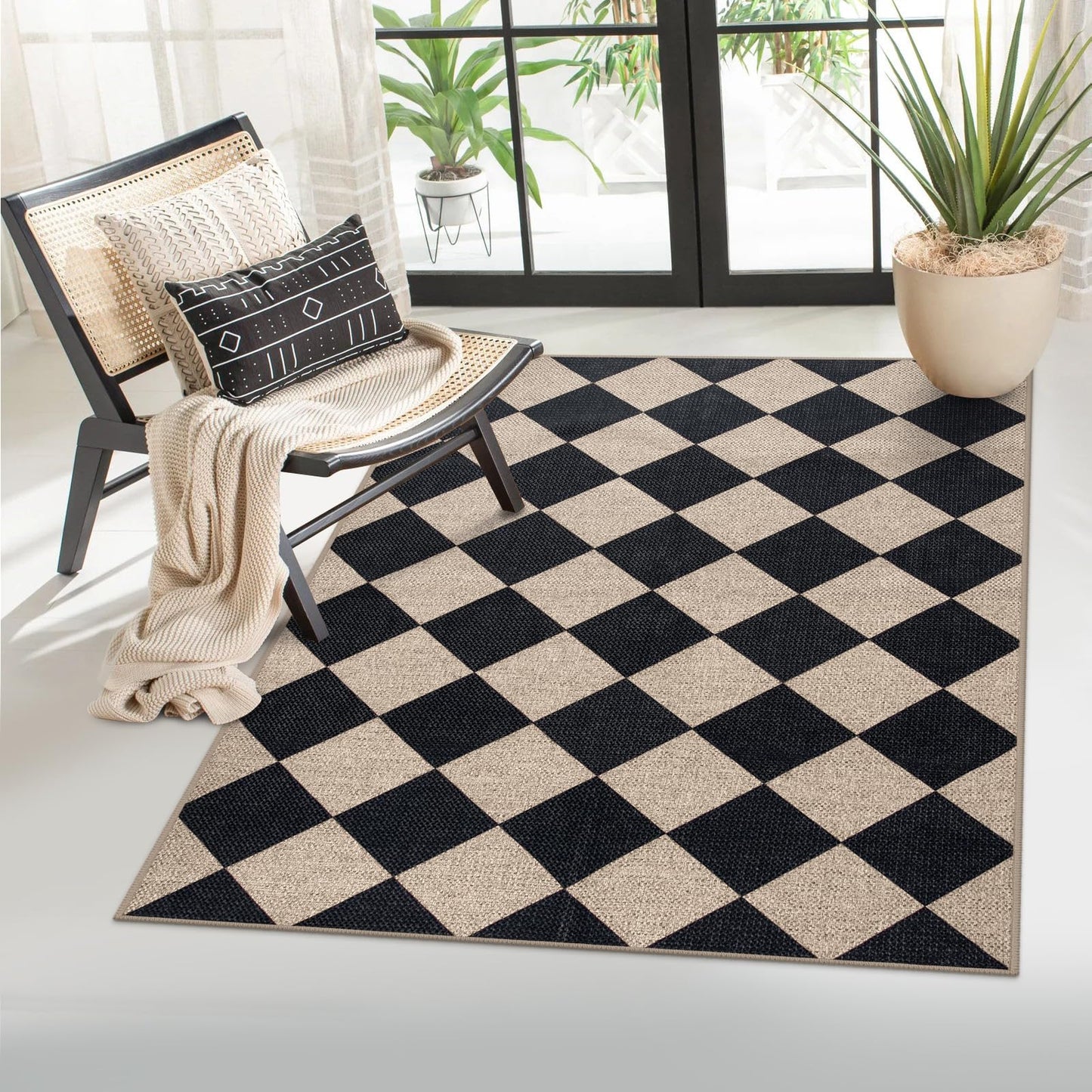 Lahome Colette Checkered Easy Jute 3x5 Outdoor Patio Rug, Washable Rugs for Entryway Diamond Indoor Outdoor Living Room Carpet, Farmhouse Neutral Non Slip Black Door Carpet for Backyard Bedroom