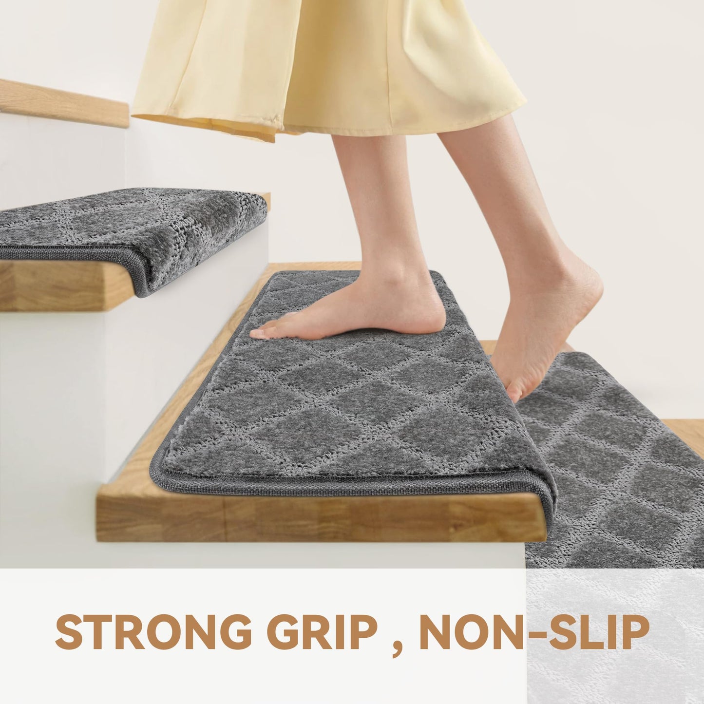 Bullnose Stair Treads Non Slip 9.5" x 32", 14 Pcs Carpet Stair Treads for Wooden Steps Indoor with Edge Protection, Reusable Peel and Stick TPU Backing Stair Runner Rugs - Diamond Pattern Grey.