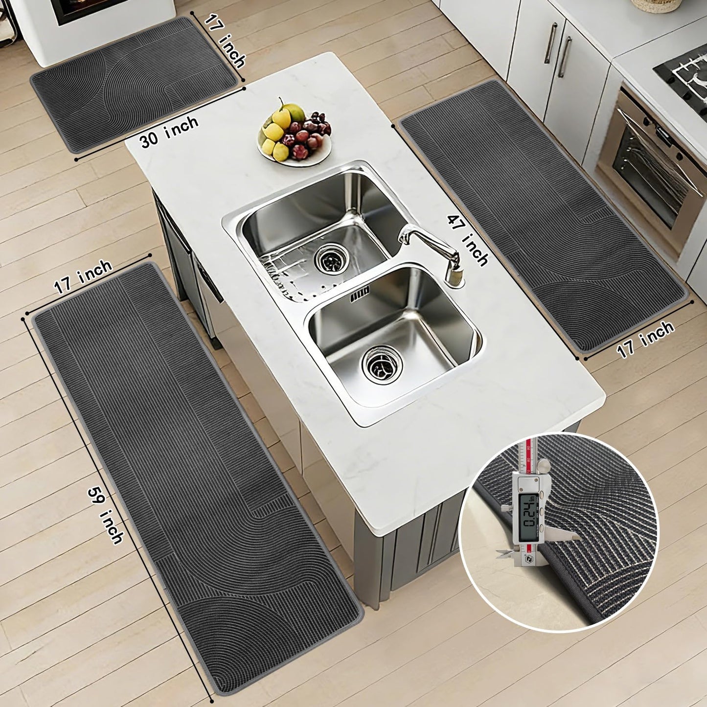 HAPACE Kitchen Mat Set of 2 PCS, Anti Fatigue Kitchen Floor Mat, Kitchen Runner Cushioned Non Slip for Kichen, Office, Balcony, Gray, 17" x 30"+17" x 47"
