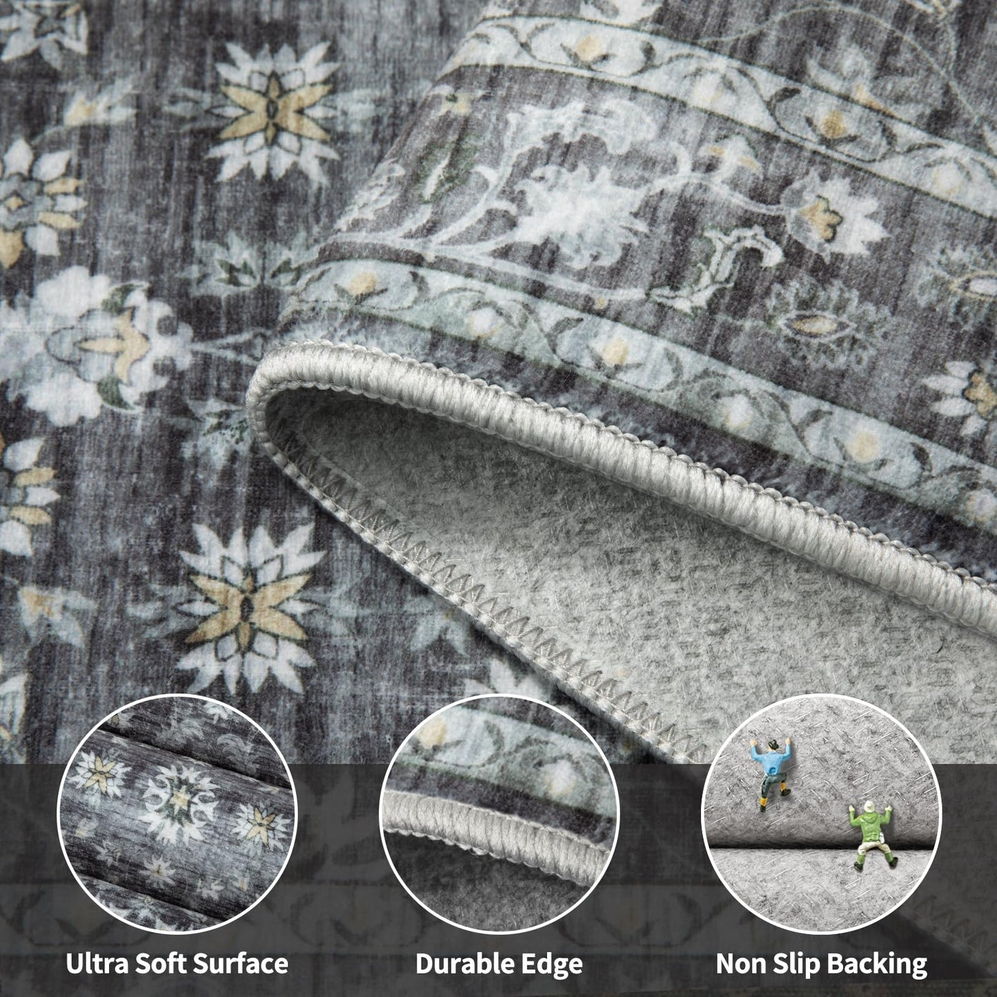 Ciicool Grey Floral Area Rugs 4x6 Washable Rug for Living Room Boho Indoor Non-Slip Carpet Soft Low Pile Bedroom Dining Room Rug Suitable for Playroom Laundry Office Home Decor