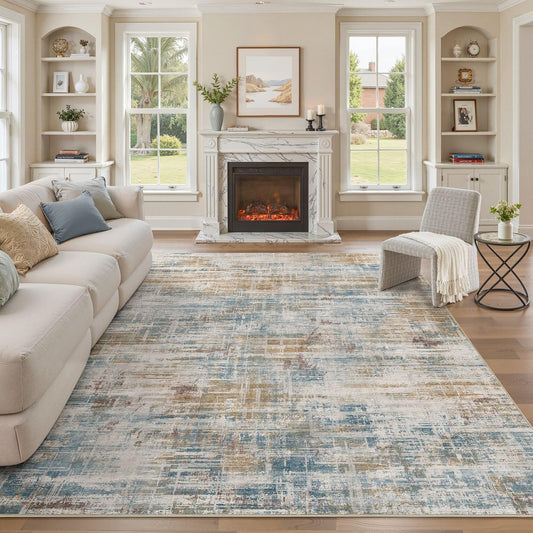 UERMEI 10x12 Area Rug for Living Room: Washable Modern Neutral Abstract Large Soft Low Pile Carpet Non-Slip Pet Kids Friendly Indoor Decor for Bedroom Dining Room Home Office Nursery Blue Brown