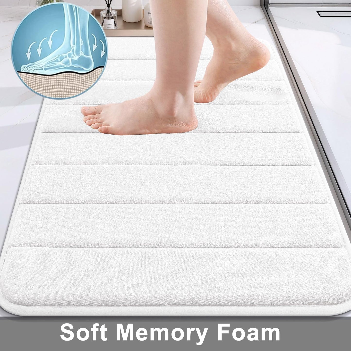 Buganda Memory Foam Bath Mat, 30" x 20", Ultra Soft and Non-Slip Bathroom Rugs, Water Absorbent and Machine Washable Bath Rug for Bathroom, Shower, and Tub, White