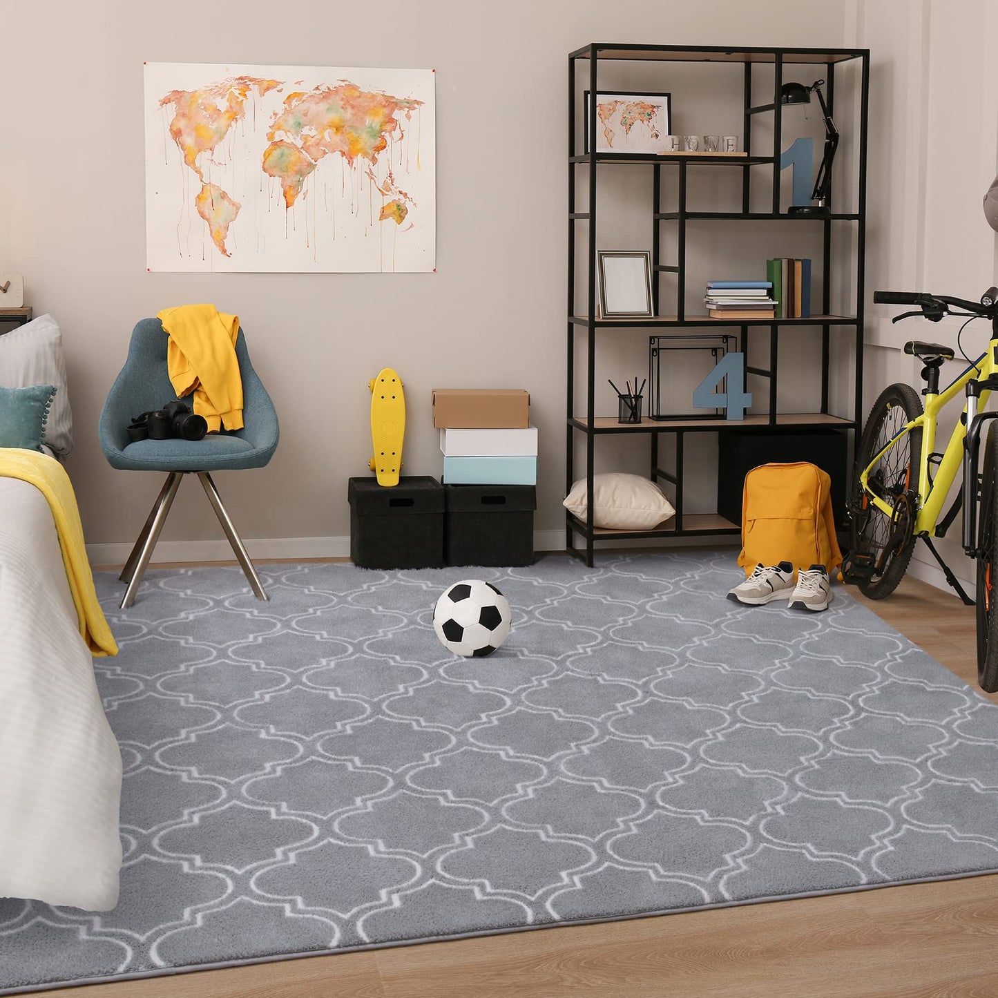 Chicrug Shag Geometric Modern Area Rug for Bedroom, 3x5 Feet Memory Foam Indoor Carpet, Fluffy Rug for Living Room Bedside Room Decor for Family Girls Kids Nursery Play Mat, Grey/White