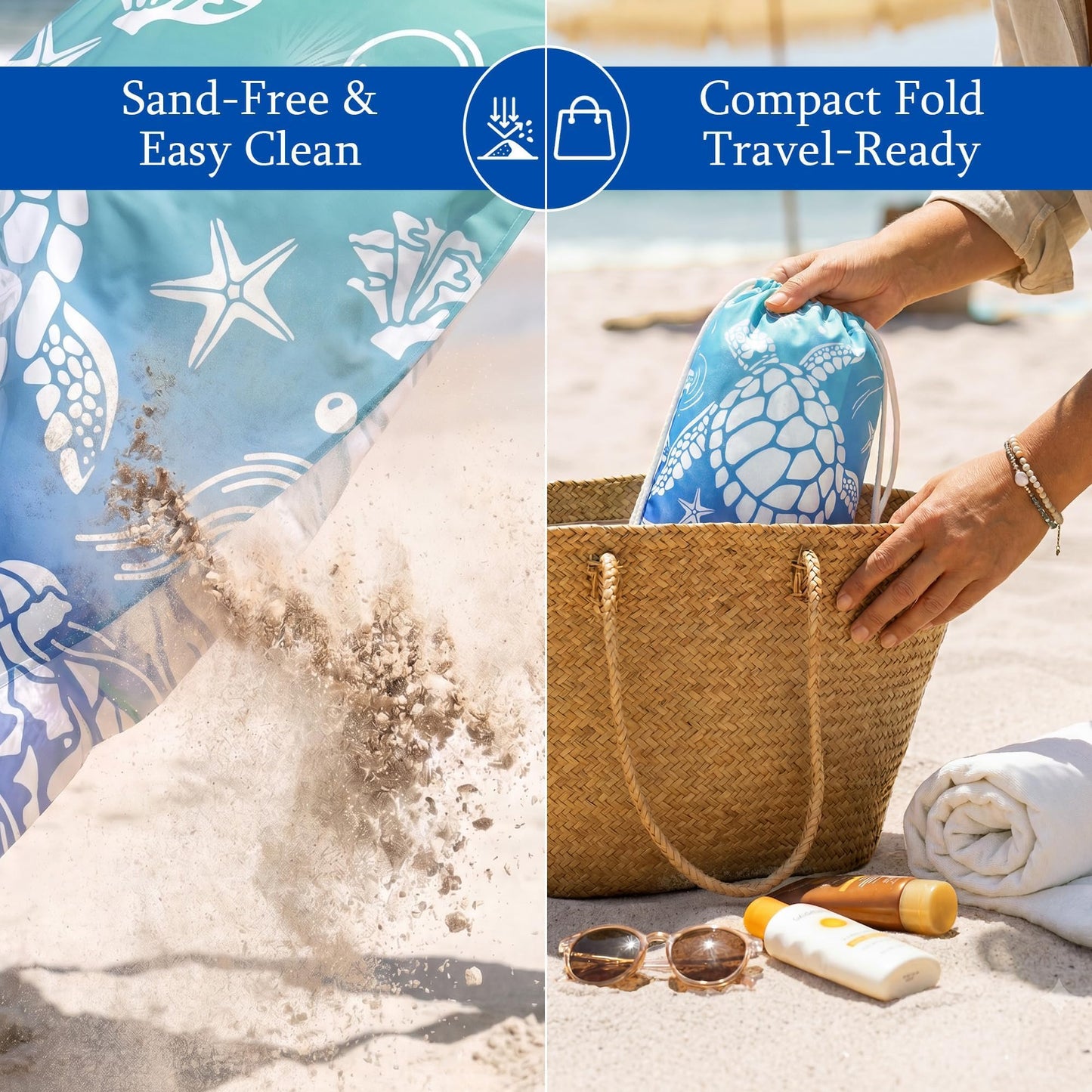MelonBoat Beach Blanket: Blue Sea Turtle Beach Mat, 79''x83'' Large Sandproof Sand Free Waterproof Quick Dry, Lightweight Outdoor Rug for Trip Vacation Summer Travel Picnic Camping Pool Swim