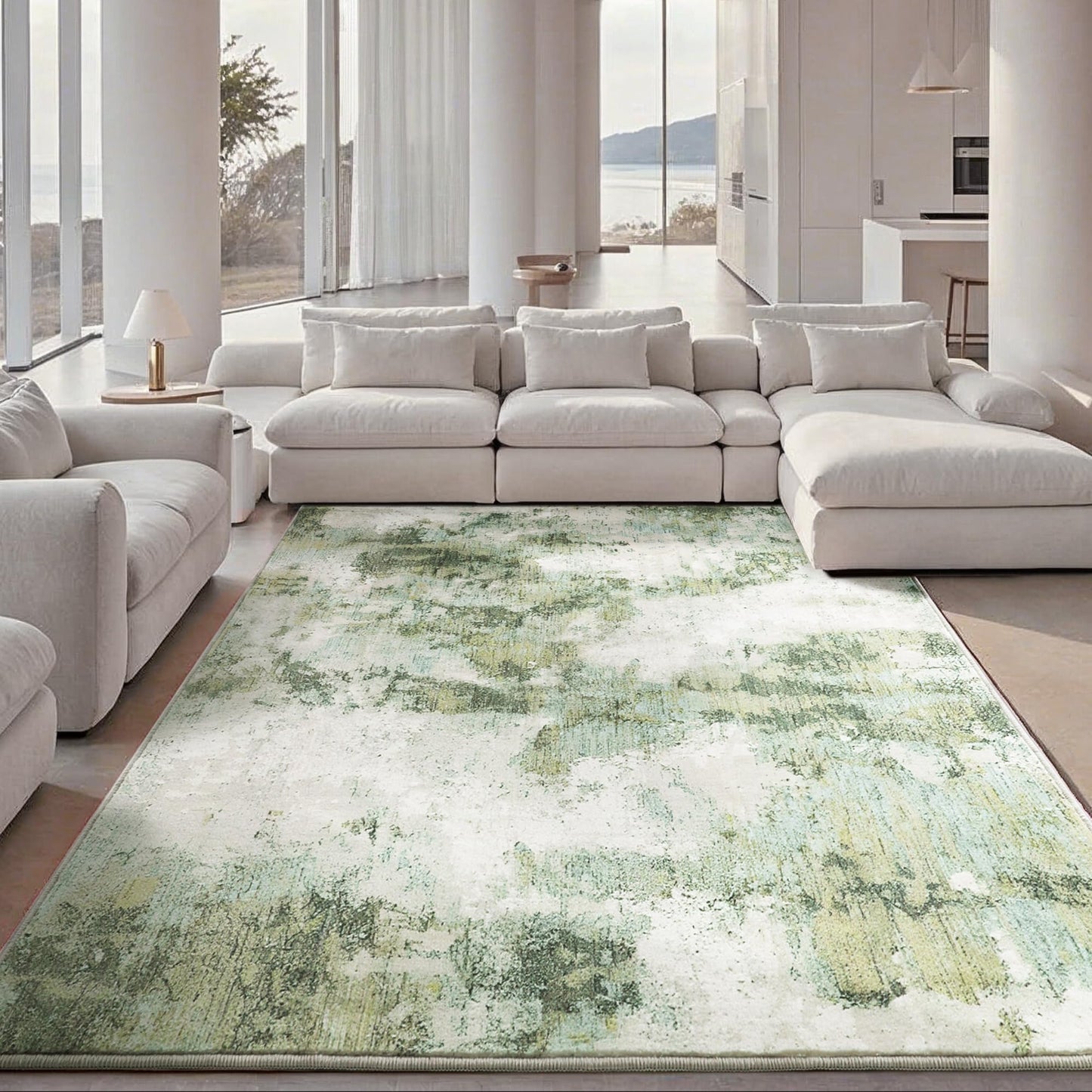 Carvapet 6x9 Large Sage Green Rugs for Living Room Bedroom Dorm, 9 x 6 Feet Washable Green Modern Abstract Low Pile Carpet with Rubber Backing, Foldable, Non Slip Thin Area Rug, Ultra Soft