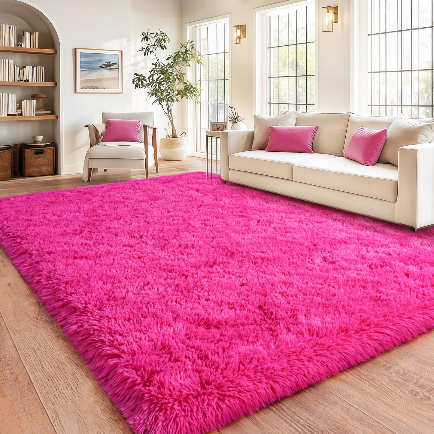 Soft Shaggy for Bedrooms, Hot Pink Area Rug, Fluffy Rugs for Living Room, Cozy Fuzzy Carpet for Kids, Perfect Indoor Decor for Boys and Girls 4x6 Feet