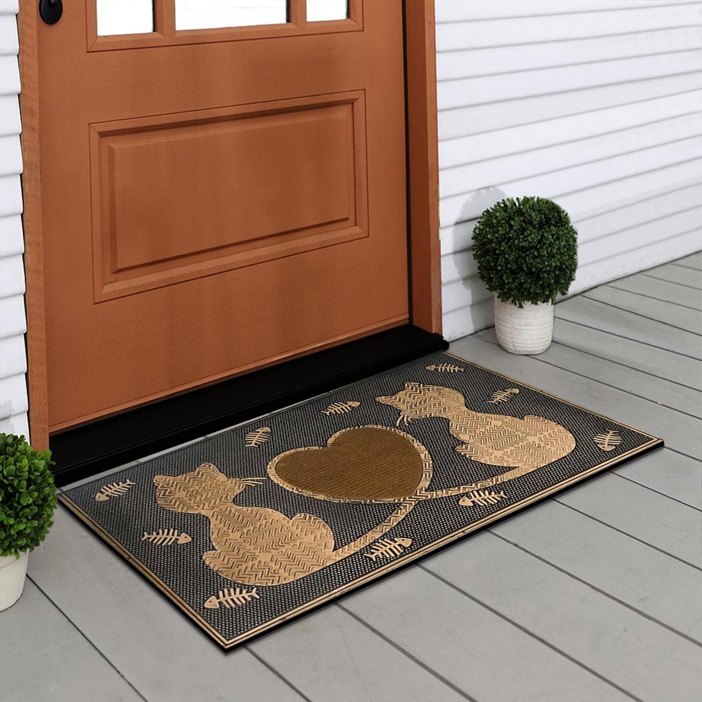 A1HC Rubber Welcome Doormat for Outdoor Indoor Entrance, Non-Slip Backing Front Door Mat for High Traffic Area Use, Fun Designed Entrymat, 18"x30" Twin Cats Heart Copper