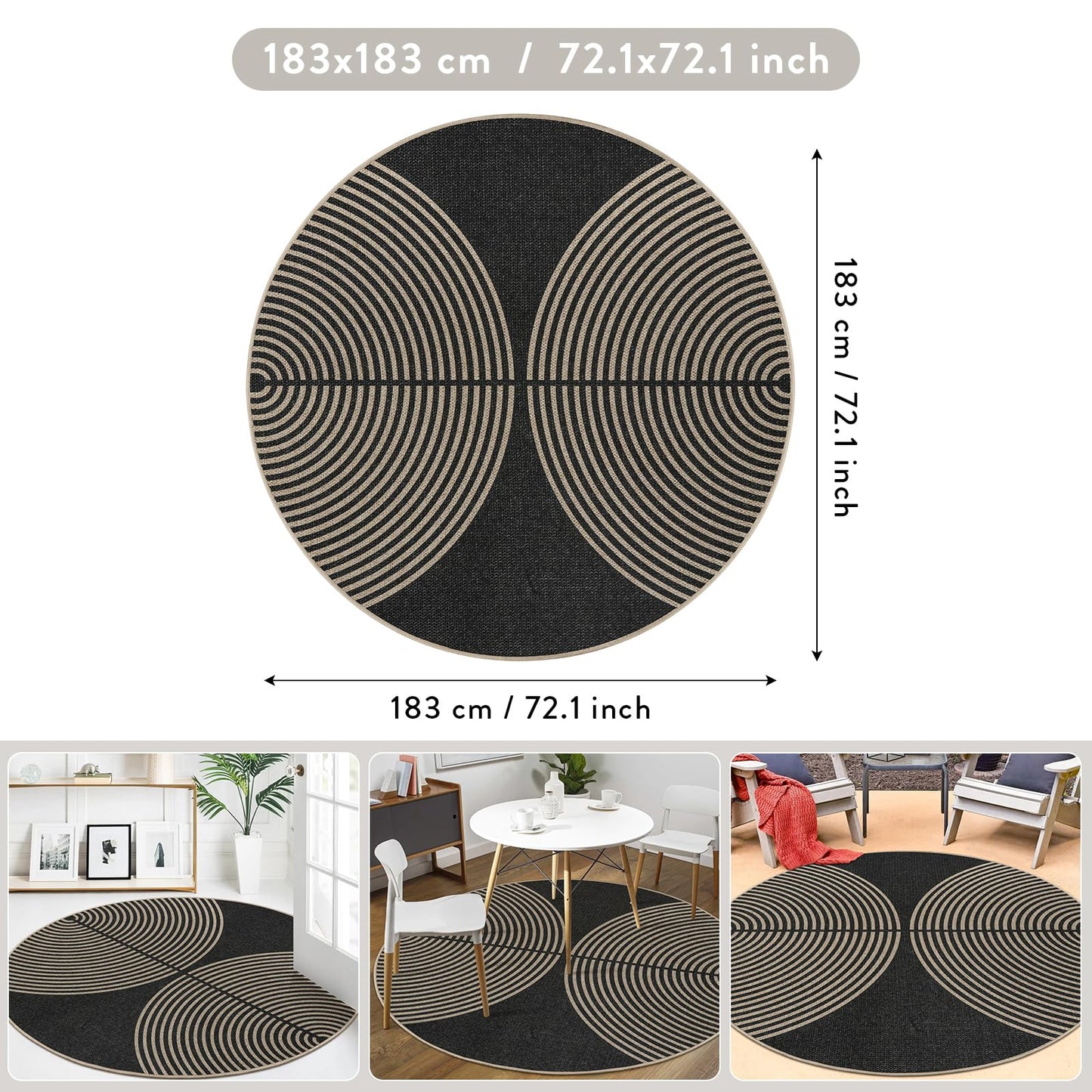 Lahome Enfys Modern Rainbow Round Rug, 6ft Easy Jute Circle Patio Rug Washable Indoor Outdoor Carpet for Living Room, Farmhouse Natural Contemporary Round Mat for Entryway Backyard Porch