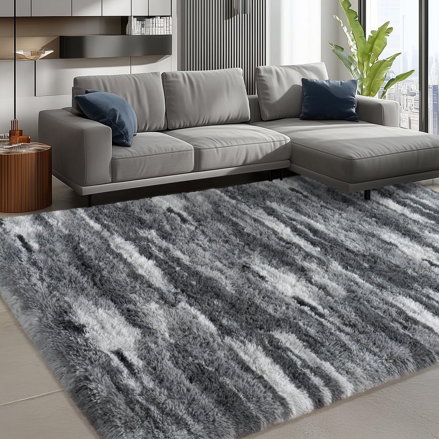 Ailyei Shag Rugs for Living Room 8x10, Ultra Soft Abstract Grey Big Fuzzy Rugs for Bedroom, 8 x 10 Fluffy Shaggy Plush Carpet Girls Kids Room Dorm Upgrade Non-Slip
