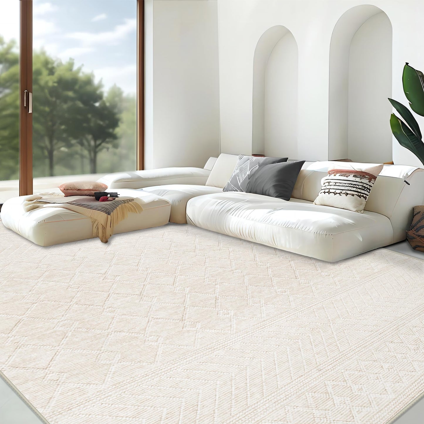 Area Rug for Living Room 9x12: Large Washable Boho Moroccan Rugs Geometric Neutral Rug, Non-Slip Foldable Morden Farmhouse Indoor Floor Carpet for Bedroom Dining Table Home(Modern Beige,9'x12')