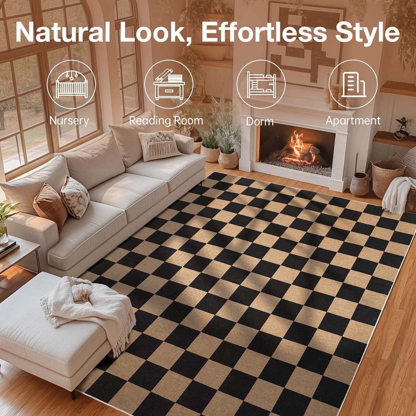 Sasttie Checkered Jute-Look Entryway Rug, 3x5 Washable Rug Front Door Mat, Non-Slip Neutral Farmhouse Throw Rugs for High Traffic Indoor & Outdoor, Natural/Black