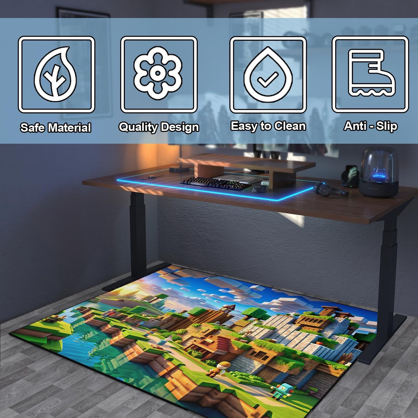 Block Game Rug Teen Kids Carpet, Pixel Games Scene Decoration Mat, Washable Cube Block Game Rugs for Boy's Bedroom Living Room Playroom, Non-Slip Children Gaming Area Rugs, Green Village, 60" x 40"