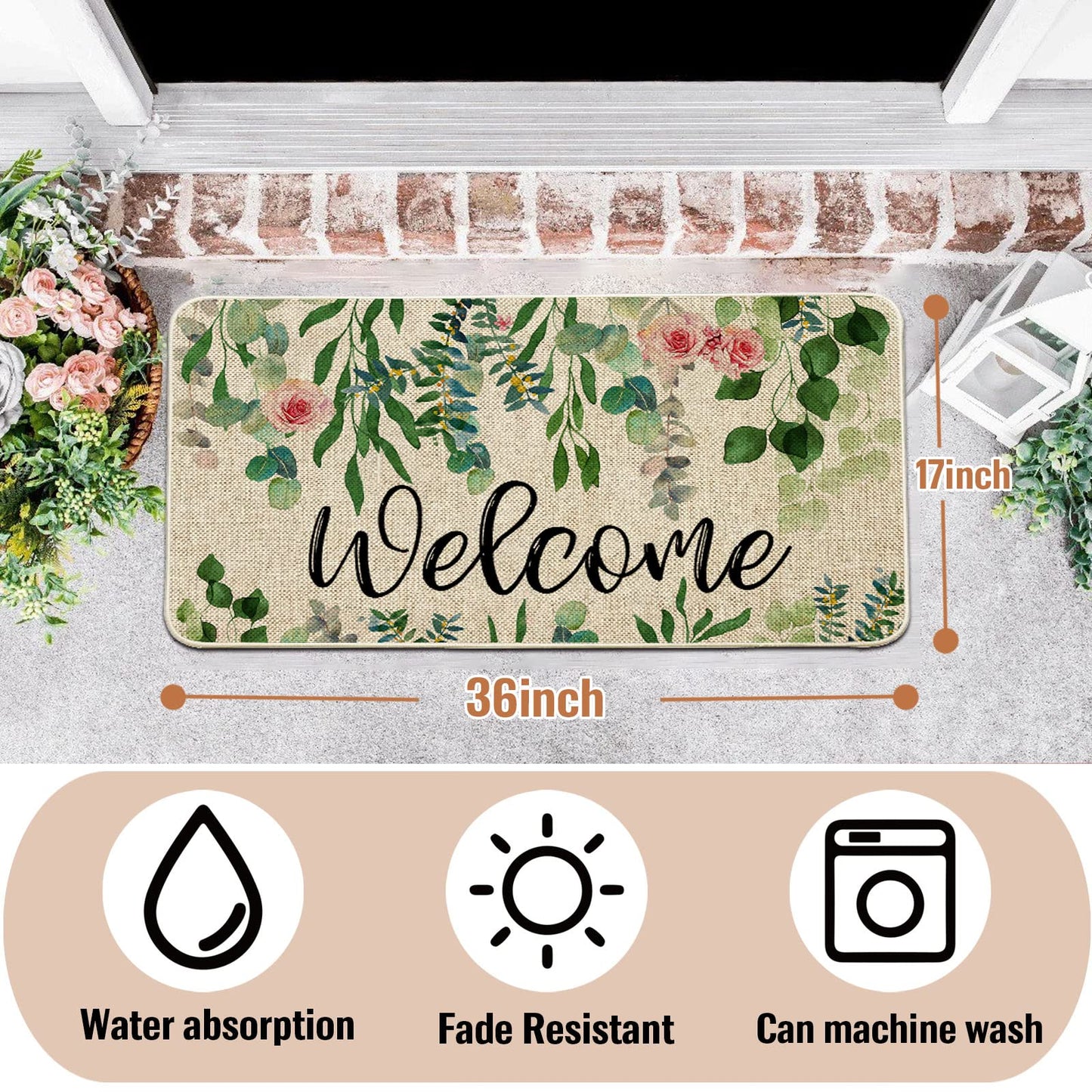 ORTIGIA Welcome Outdoor Doormat Indoor Patio Spring Eucalyptus Leaves Door Mats Non-Slip Durable Entrance Mat for Home Entrance, Outside Entry, Yard, Floor, Patio 17x36INCH