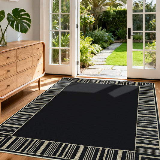 GarveeHome Striped Border Outdoor Rug 5x7 Area Rugs, Washable Rugs for Living Room Non Slip, Farmhouse Neutral Patio Carpet for Backyard Dining Room Balcony,Black