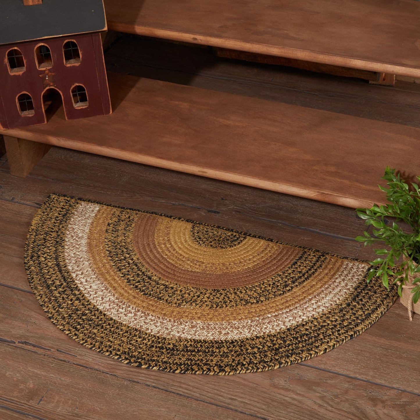 VHC Brands Kettle Grove Primitive Jute Tan Striped Rug Half Circle Decor 16.5"x33"