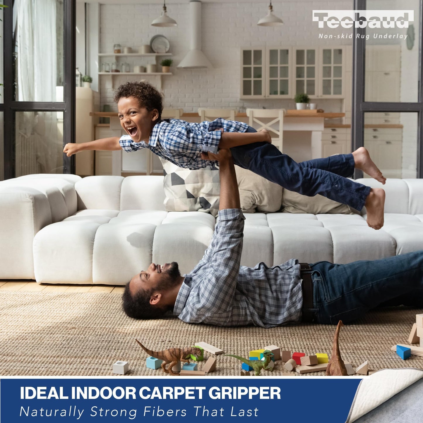 Teebaud 3' x 5' Non-Slip Rug Pad, Reversible Gripper, Non Skid Pads for Hardwood, Vinyl, Tile, Laminate Floors, Keep Area Rugs Secure, Natural Materials Safe for Indoor Flooring, ¼” Thick