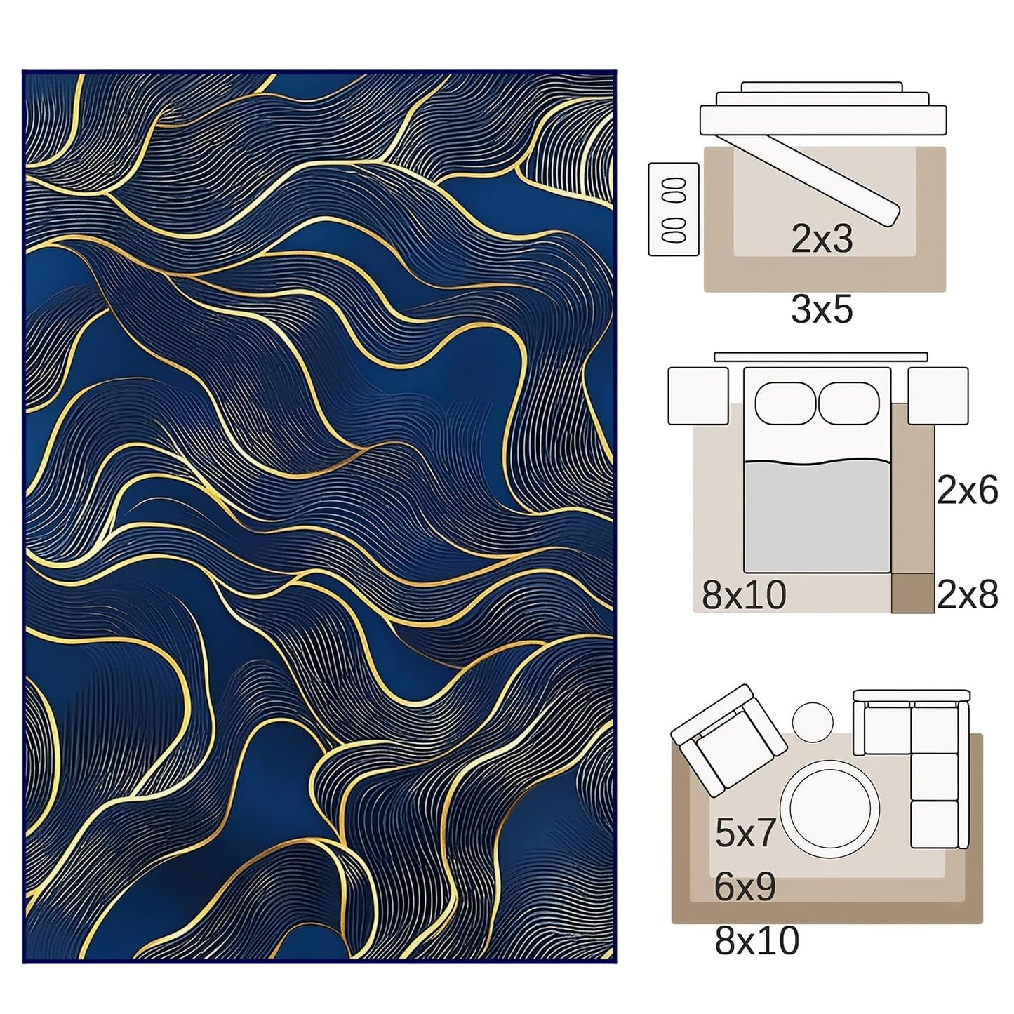 8x10 Area Rug Blue Gold Modern Rug for Living Room Indoor Machine Washable Abstract Rugs for Bedroom Ultra Soft Dining Room Large Carpet Non-Slip Non-Shedding Throw Rug for Home Office