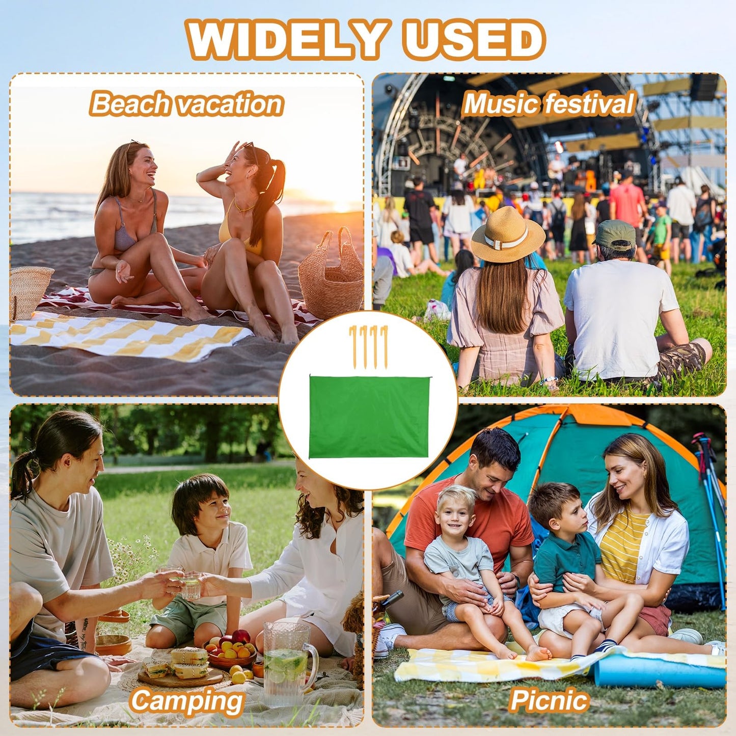 YELARXI Beach Blanket, Waterproof Foldable Beach Mat Compact Sand Free Quick Drying Beach Essentials with Carry Bag and 4Pcs Stakes for (Beach/Camping/Hiking/Picnic) 59 x 55in & Green