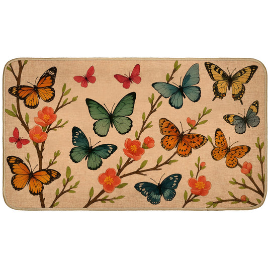 TRYYN Watercolor Butterfly Welcome Door Mat,29.5x17inch,Indoor Outdoor Linen Floor Mats with Colorful Flower and Branch,Non-Slip Rubber Backing Doormat,Decor Gifts Rug for Entrance Kitchen Bedroom